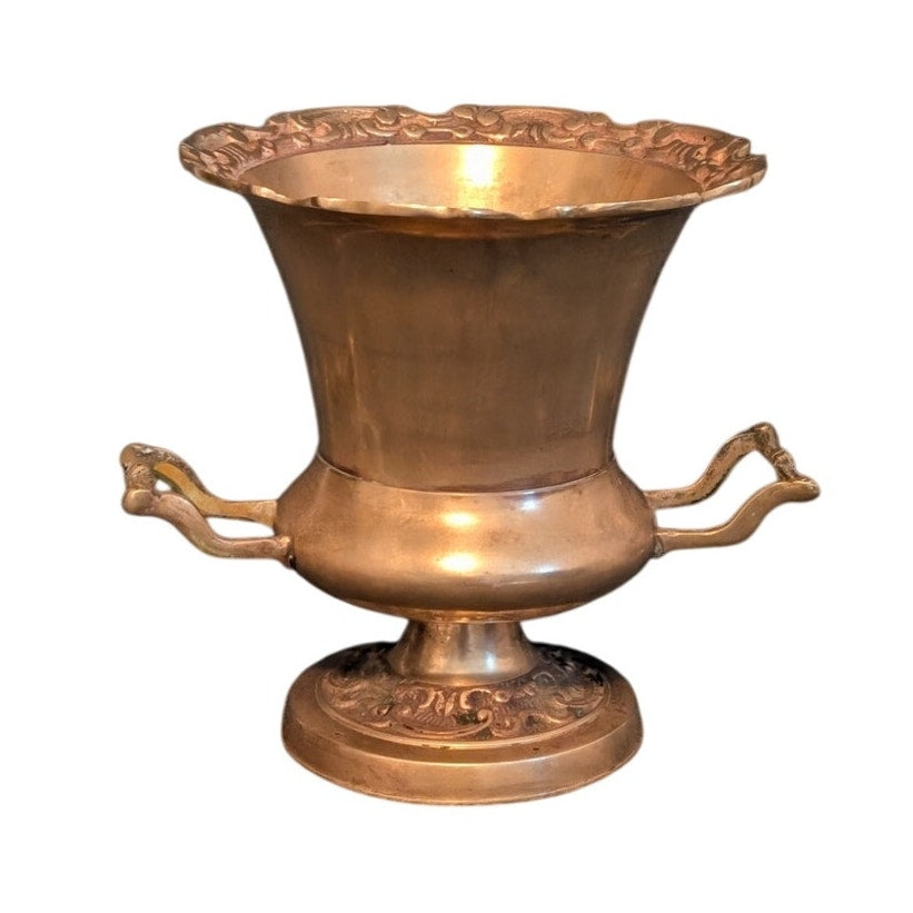 Vintage Embossed Brass Pedestal Champagne Bucket Urn With Handles