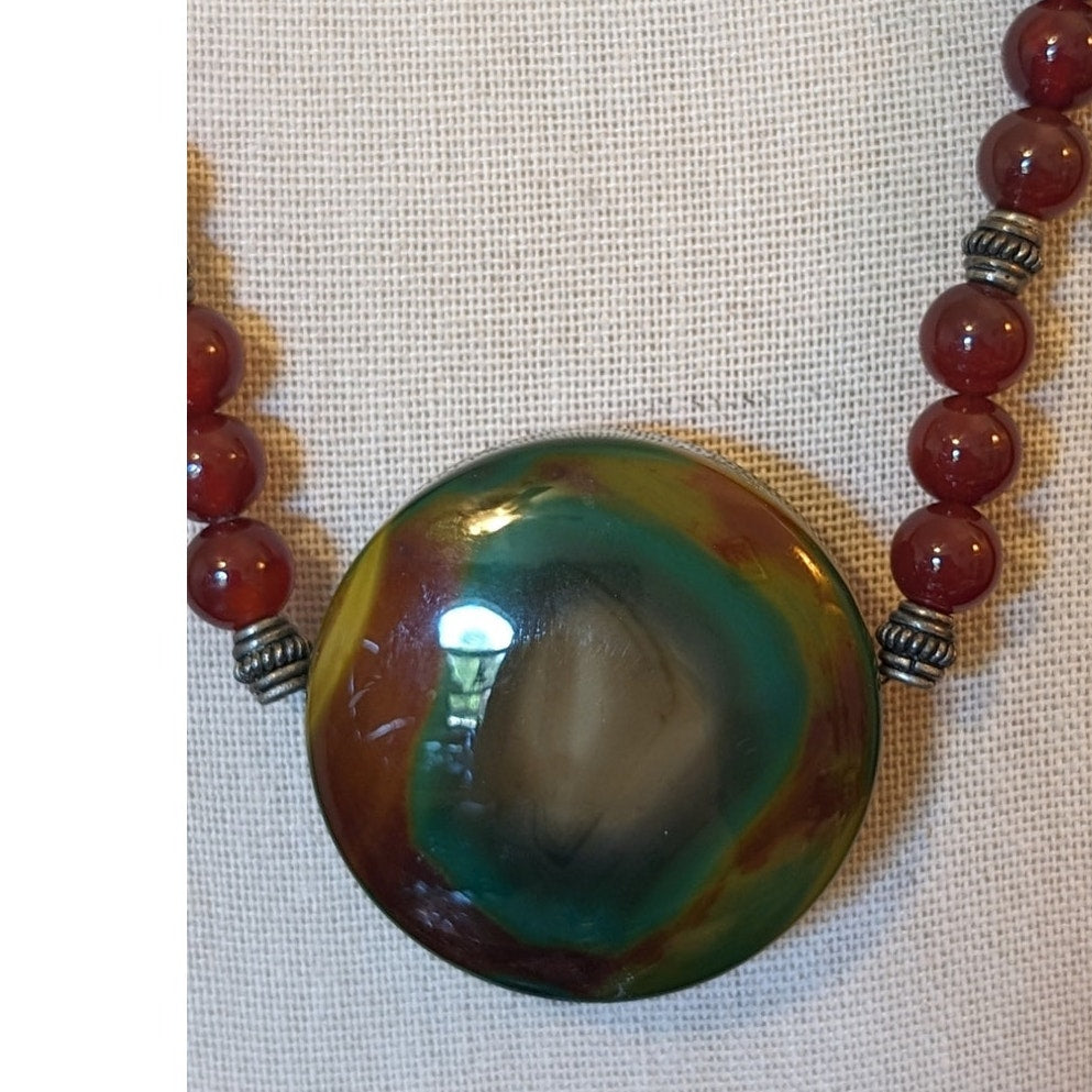 925 Sterling Carnelian Bead Large Jasper Cabochon Necklace W/ Fancy Hook Clasp