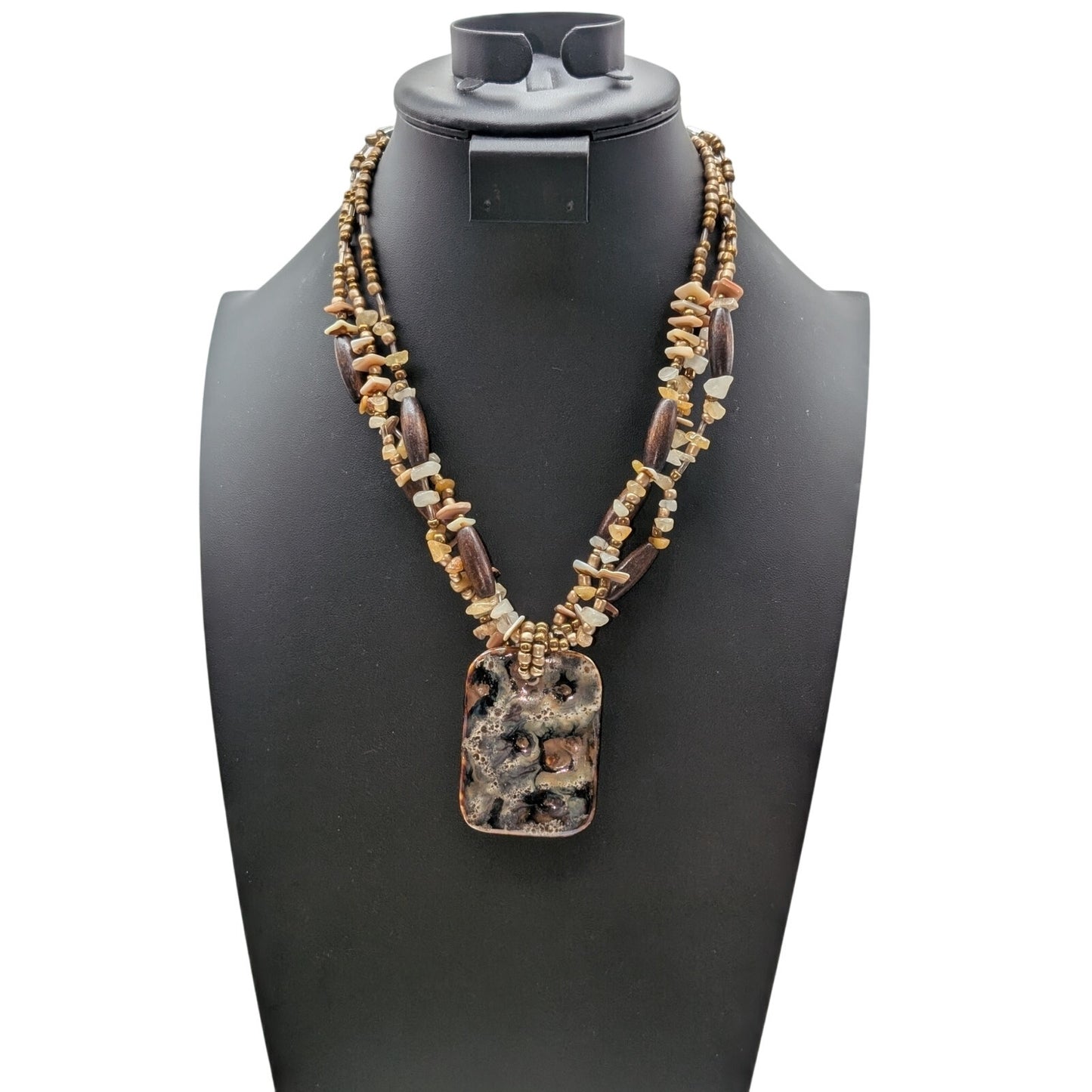 Vtg Cg Gold Tone Wood Stone Glass Pendant Triple Strand Bead Necklace