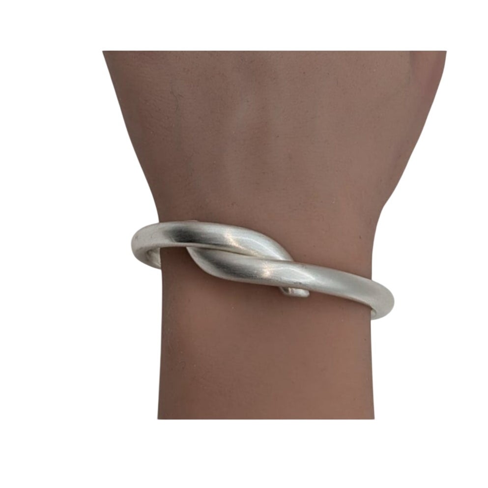 Brushed Satin Finish Silver Tone Knotted Hinged Closure Bangle Bracelet