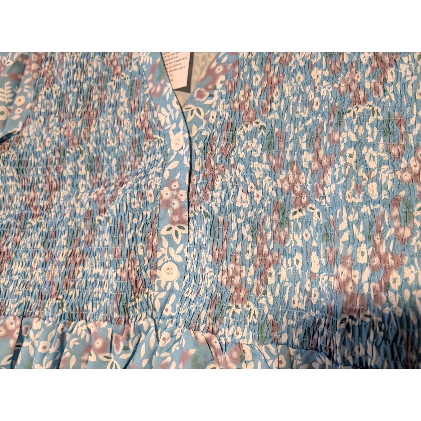 Made With Love Blue Lavender Floral Smock Bodice Short Sleeve NWT Dress Sz L