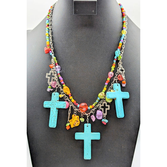 Howlite Multi-Color Beaded Dangling Crosses Necklace & Kairos Wire Wrap Bracelet