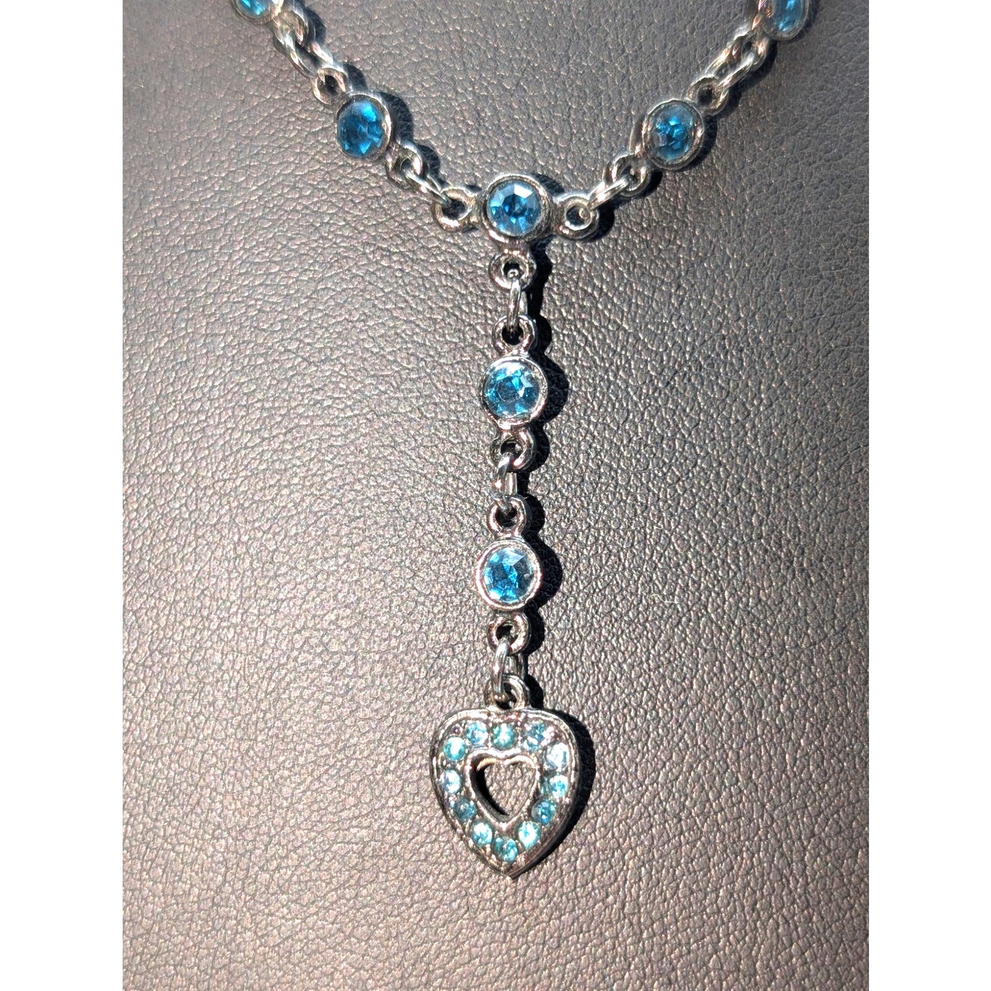 Gun Metal 'Y' Drop Blue Austrian Crystal U.S.A. Heart Chain 16" Necklace