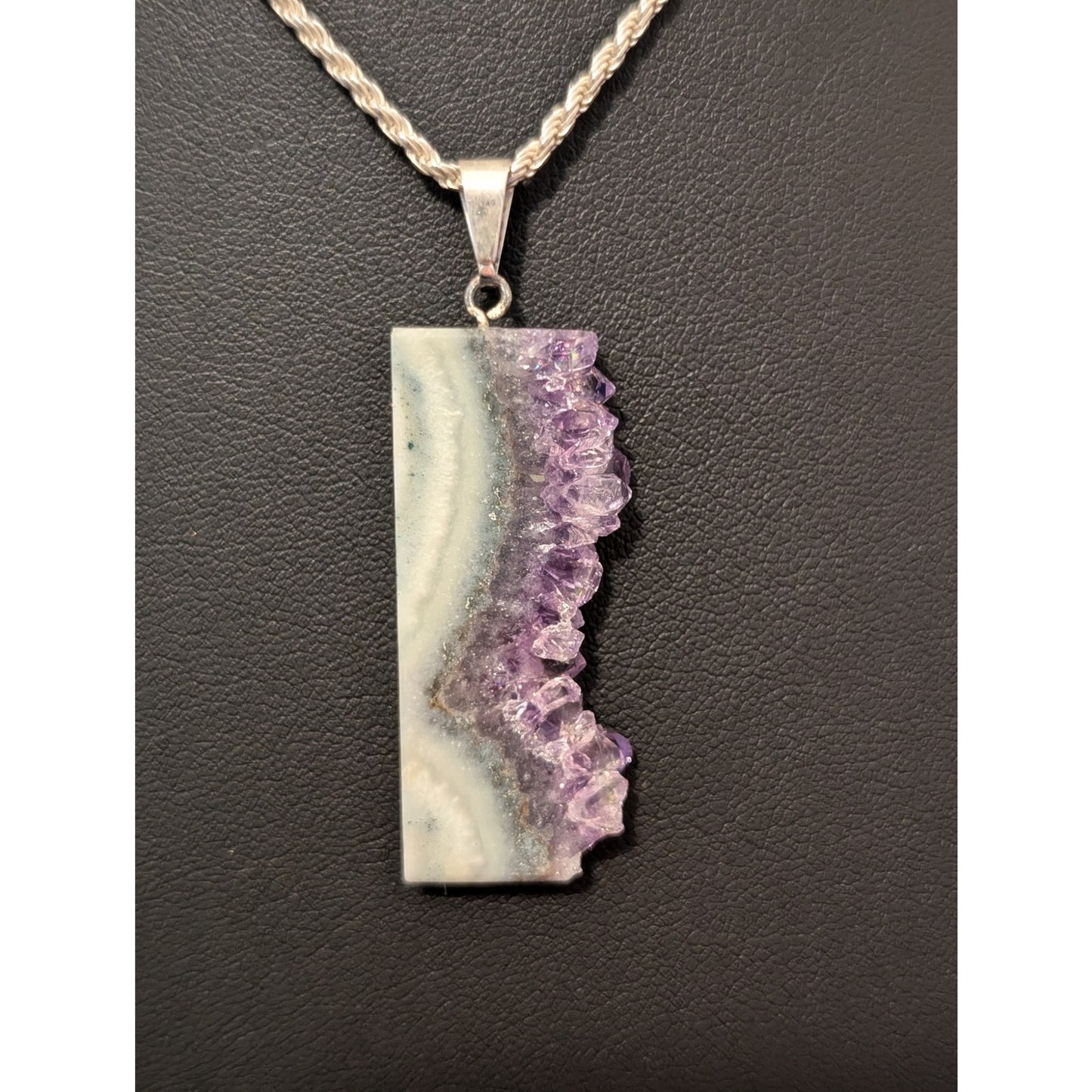 925 Sterling Amethyst Slice Crystal Pendant on Sterling Silver Rope Chain