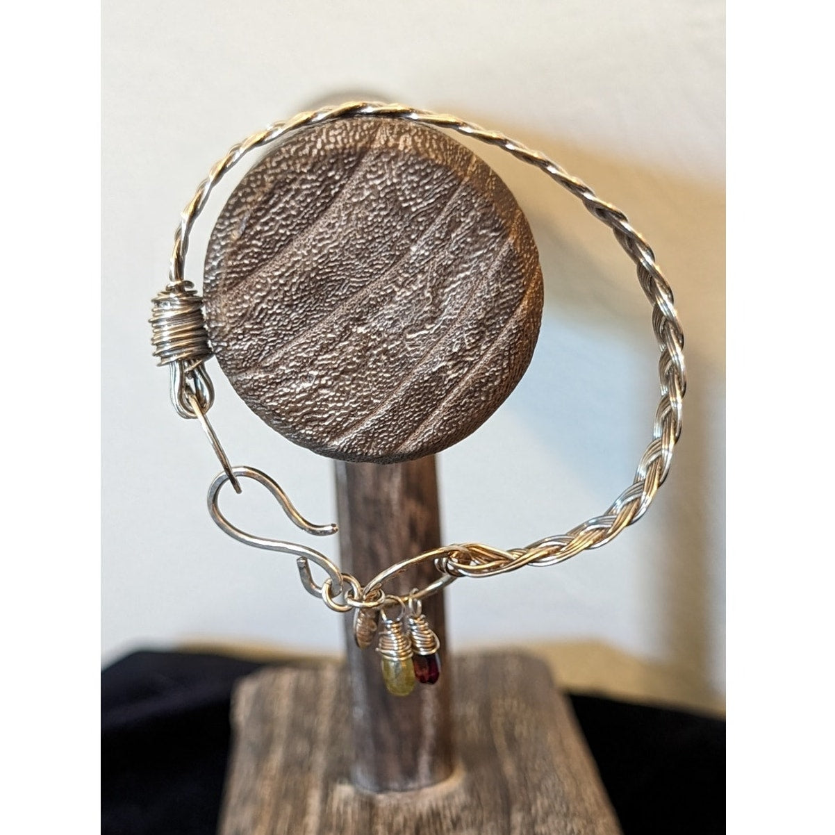 Nashelle 925 Sterling Braided Oblong Bangle W/ Briolette Gemstones & Hook Clasp