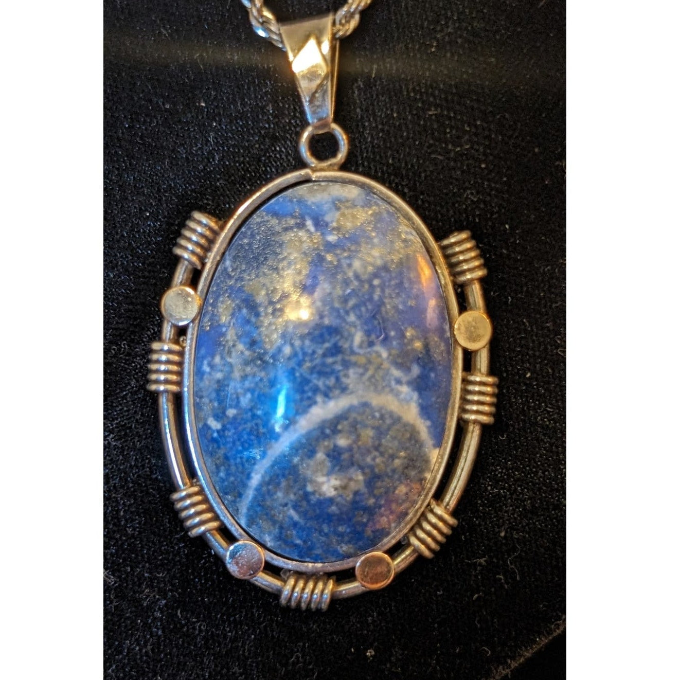 Blue Stone Bezel Set in Sterling Silver on Vintage Heavy Sterling Rope Chain