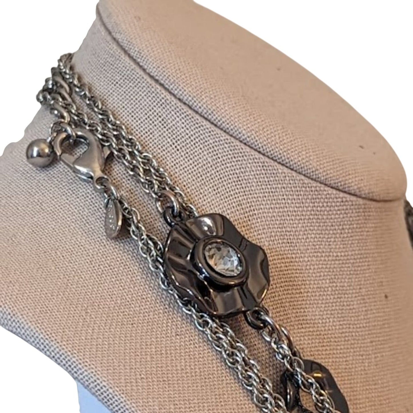 Chico's 50" Silver Tone Chain Necklace With Gun Metal Rhinestone Stations