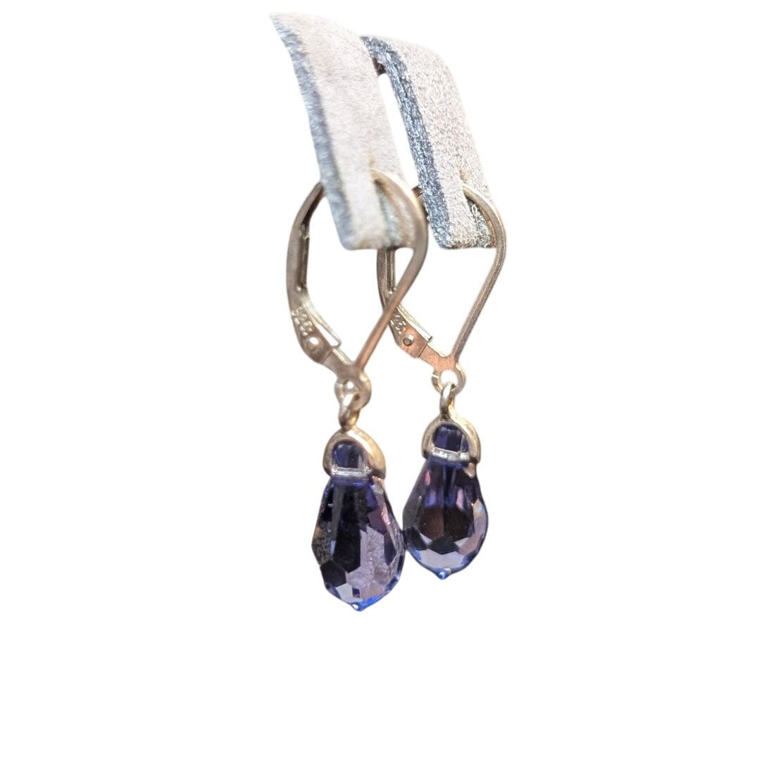 925 Sterling Lever Back Blue/Purple Faceted Crystal Briolette Dangle Earrings