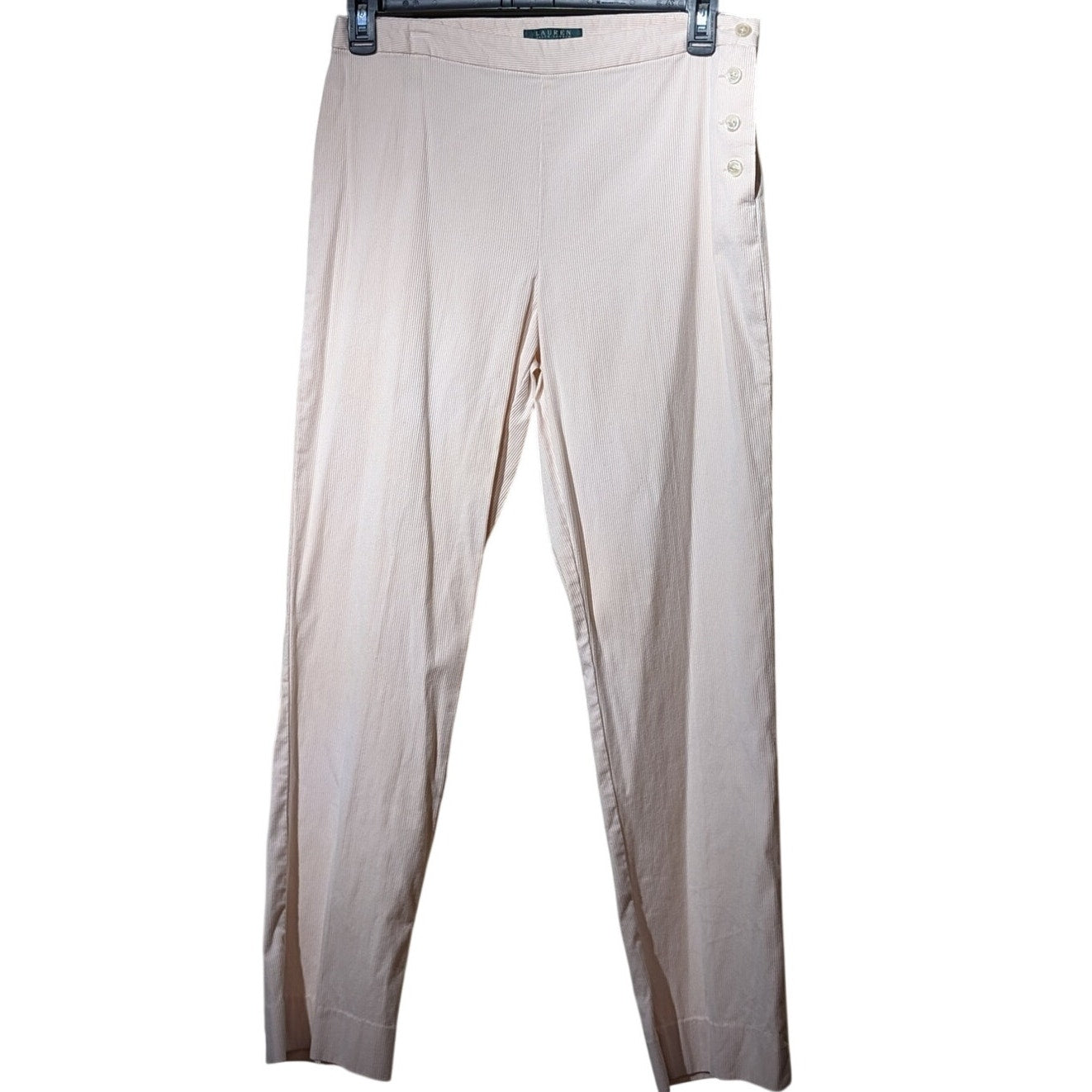 Ralph Lauren Pale Pink Striped Cotton Stretch Side Button Flat Front Pant Sz 10