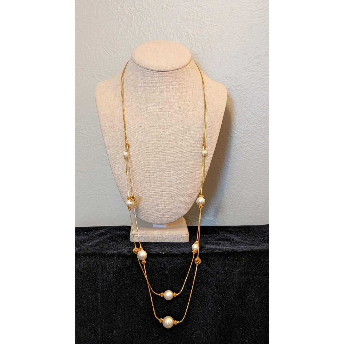 Vintage Double Gold Tone Chain Pearl and Coil Bead Necklace