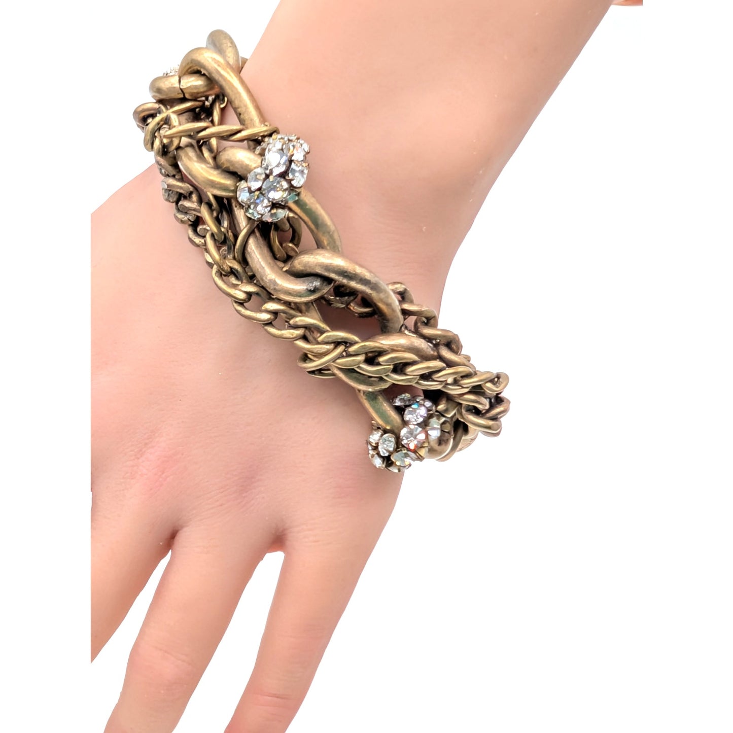 J.Crew Brass Plated Chunky Twisted Chain Link Clear Rhinestone Bracelet