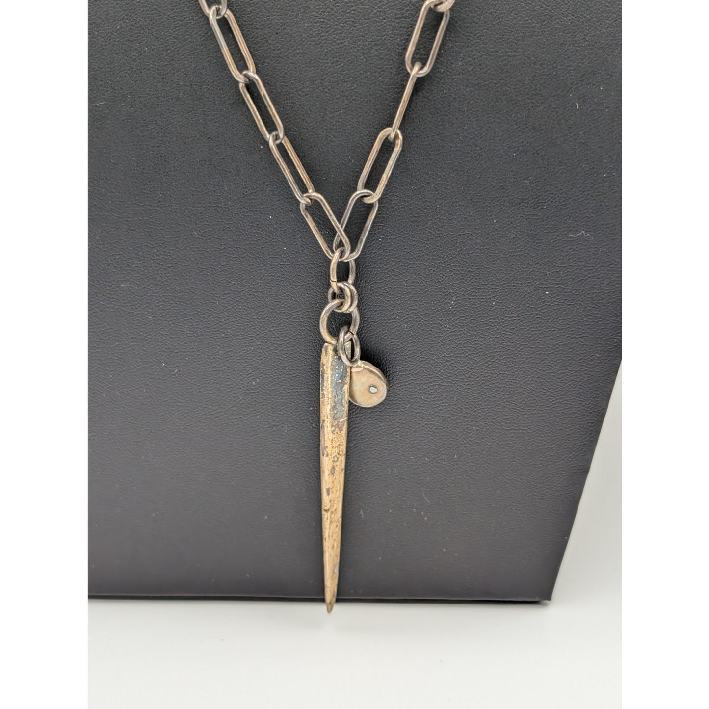 Rustic Antiqued Look Paper Clip Long Chain Spike Pendant Necklace
