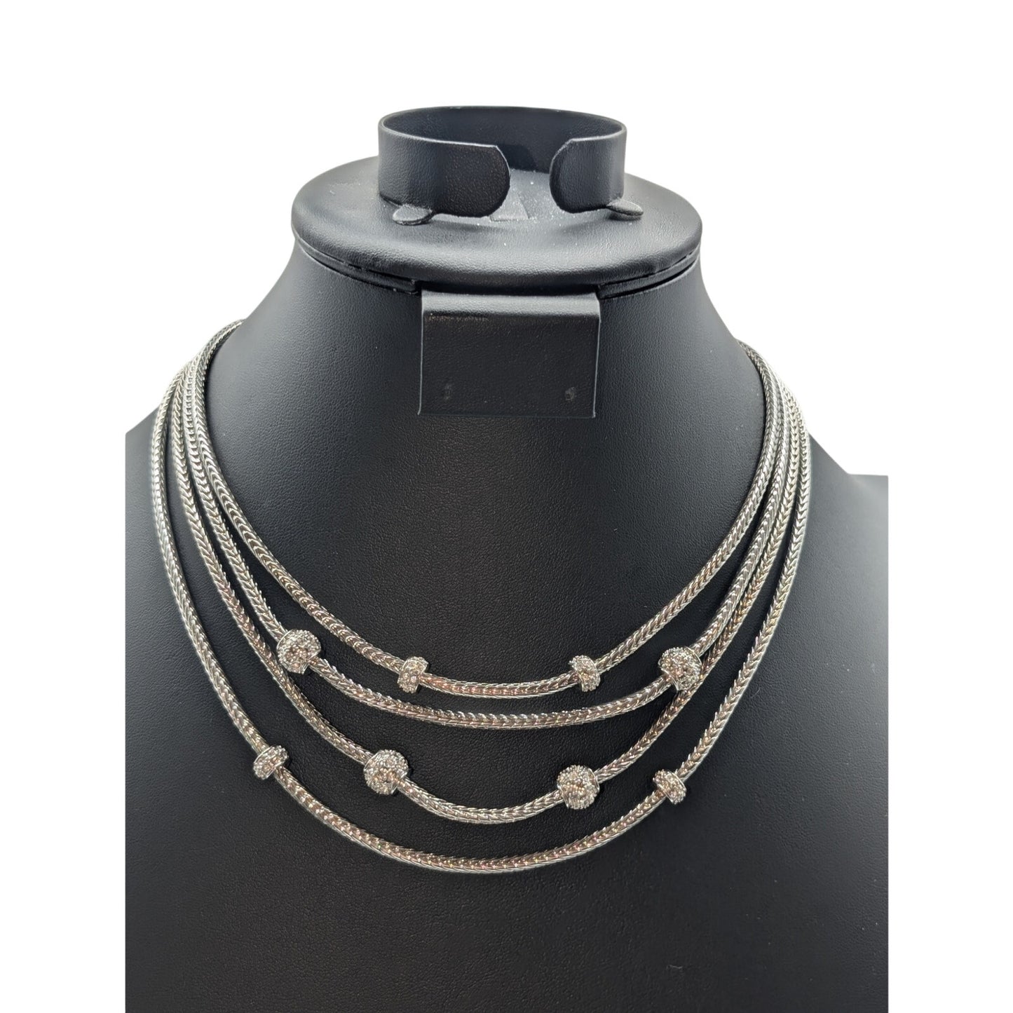 Silver Tone 4 Strand Wheat Chain Pave Bead Stations16.5"-20" Necklace