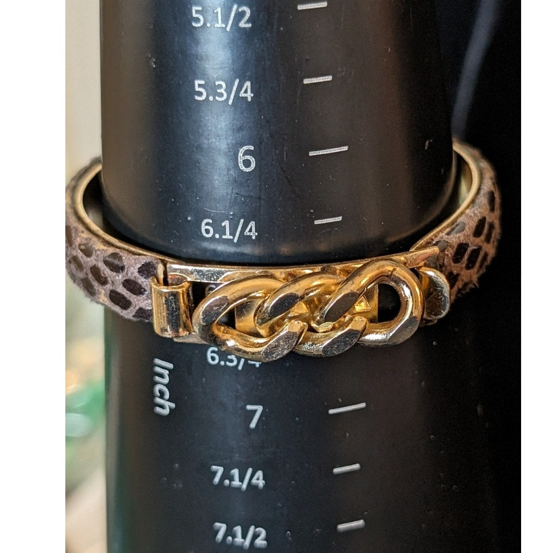 Brown Leather Gold Tone Chain Bangle Bracelet