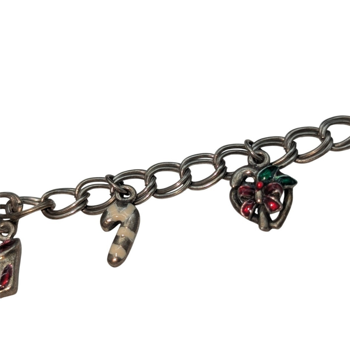 Vintage Silver Tone Double Curb Chain Link Christmas Charm 7"-8" Bracelet