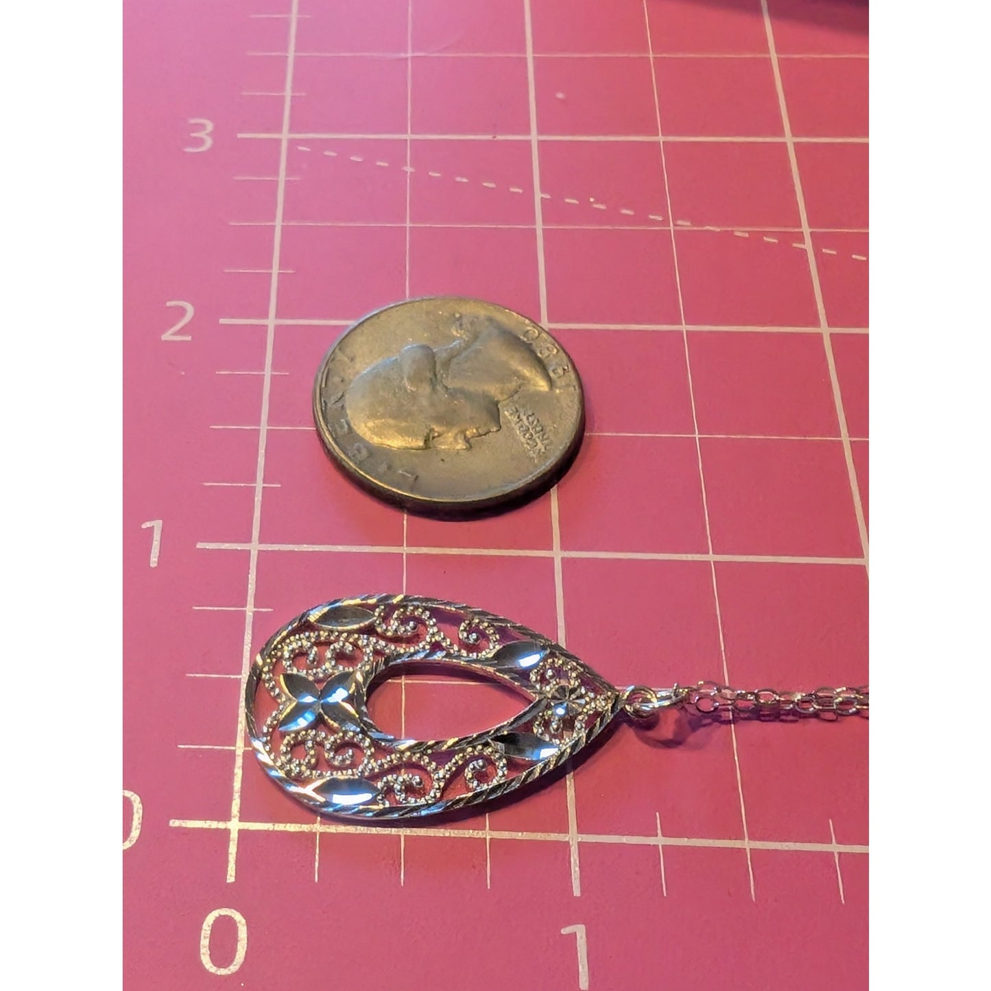 925 Sterling Silver Diamond Cut Filigree Teardrop Pendant 19" Chain Necklace