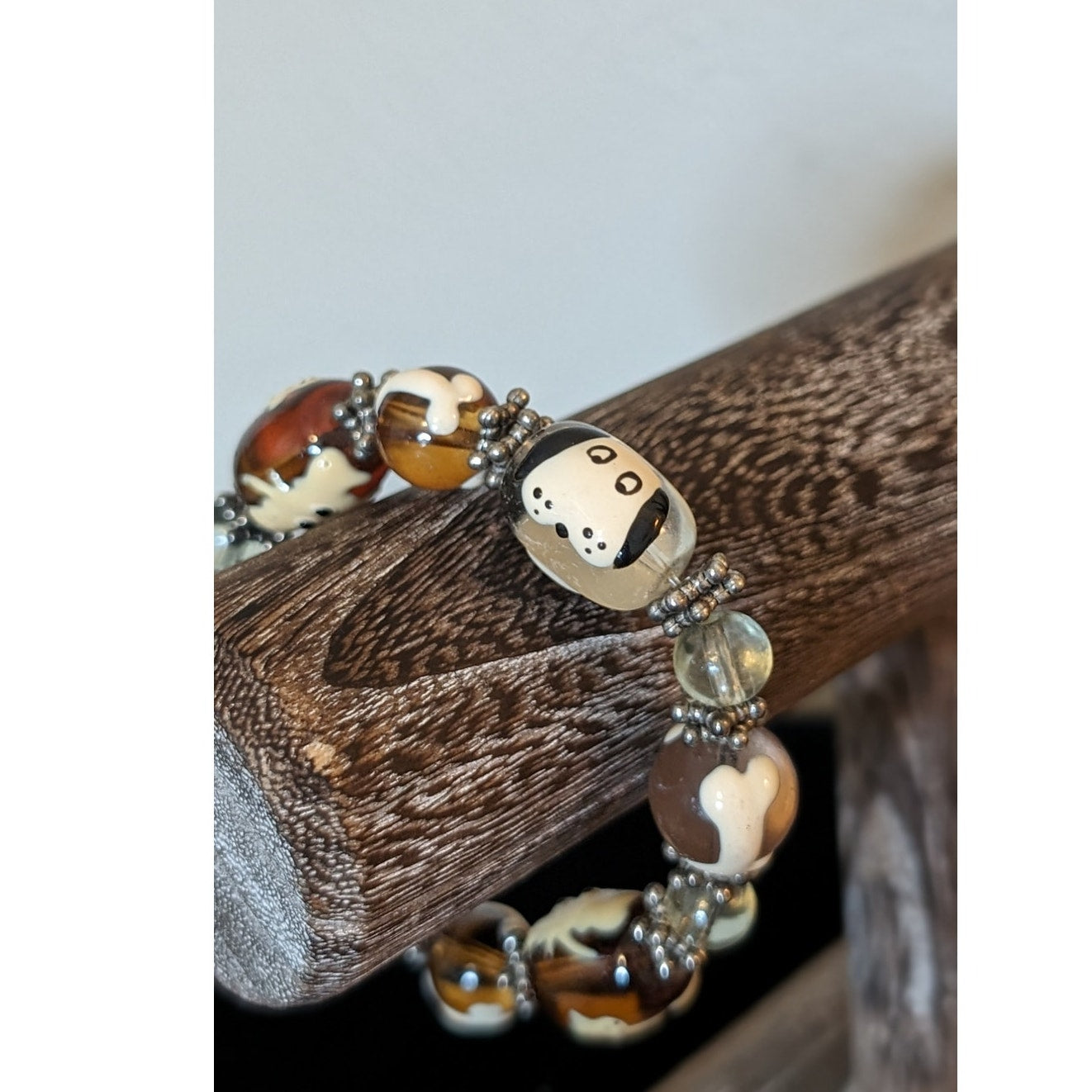 Dog Paw Bone Bead Stretch Bracelet W/ Silver Tone Beads