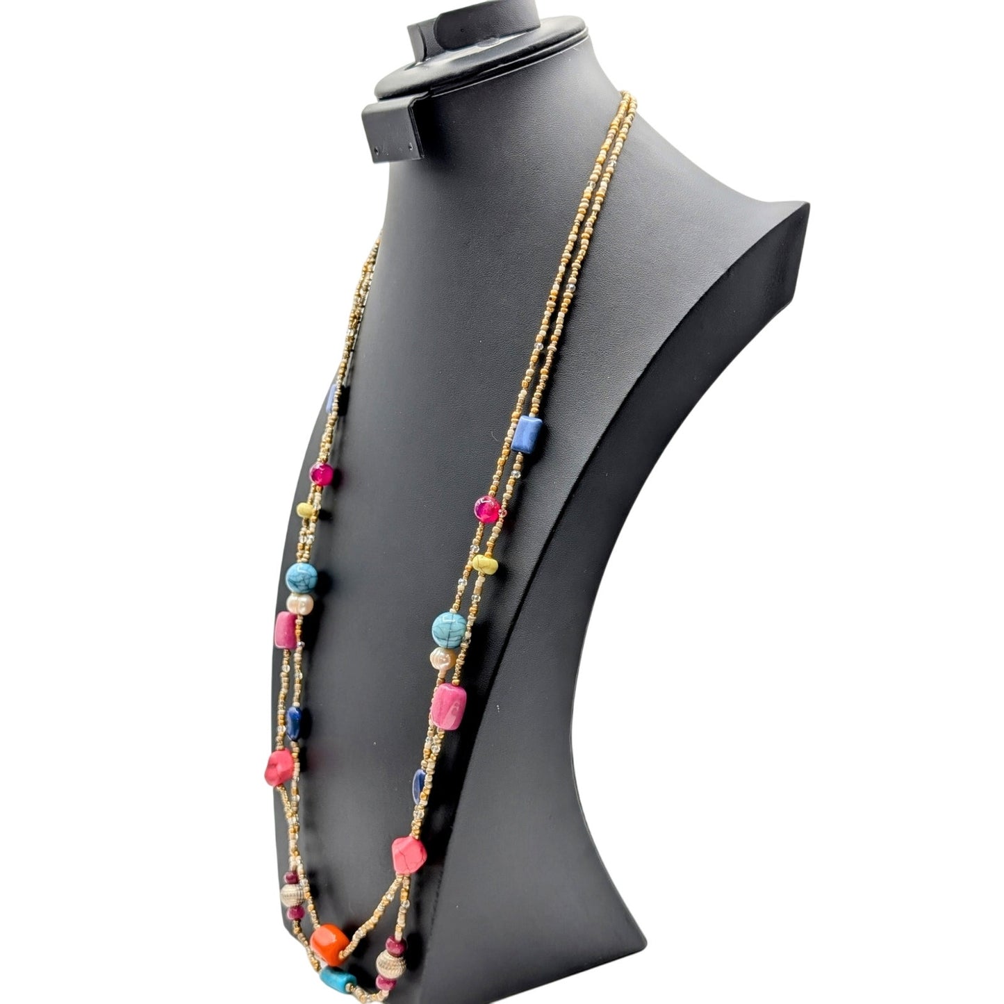 Chico's Boho 2 Strand Beaded Stone Pearl 38" Necklace & Enamel Clamper Bracelet
