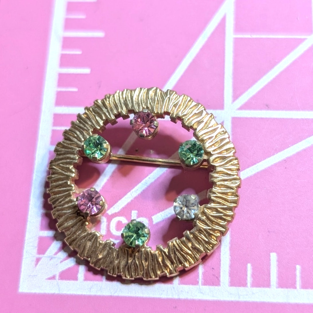 Vintage Signed ANSON Karatclad Rhinestone Goldtone Wreath Brooch