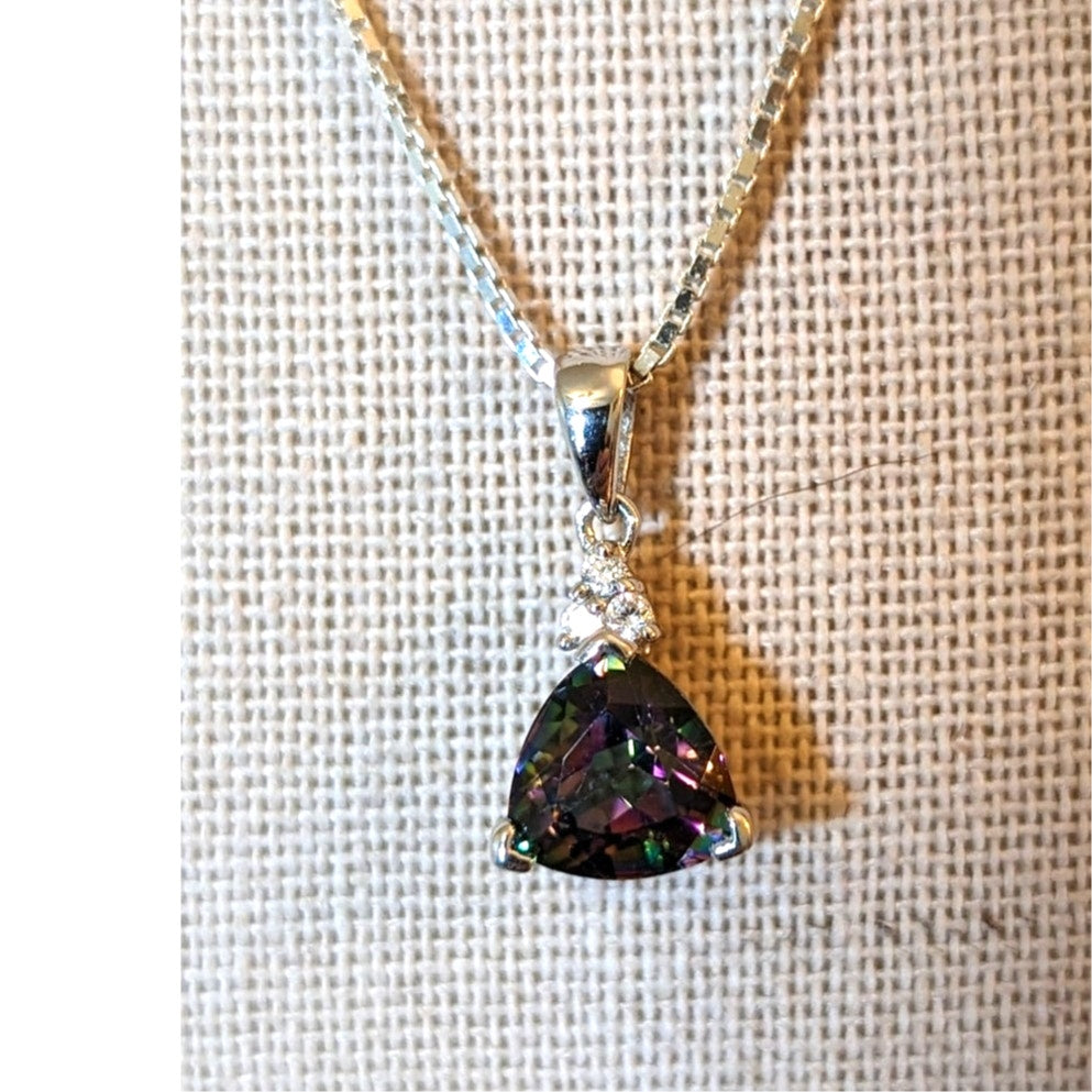 925 Sterling Trillian Cut  Mystic Topaz W/ 3 CZ Pendant Box Chain 18" Necklace