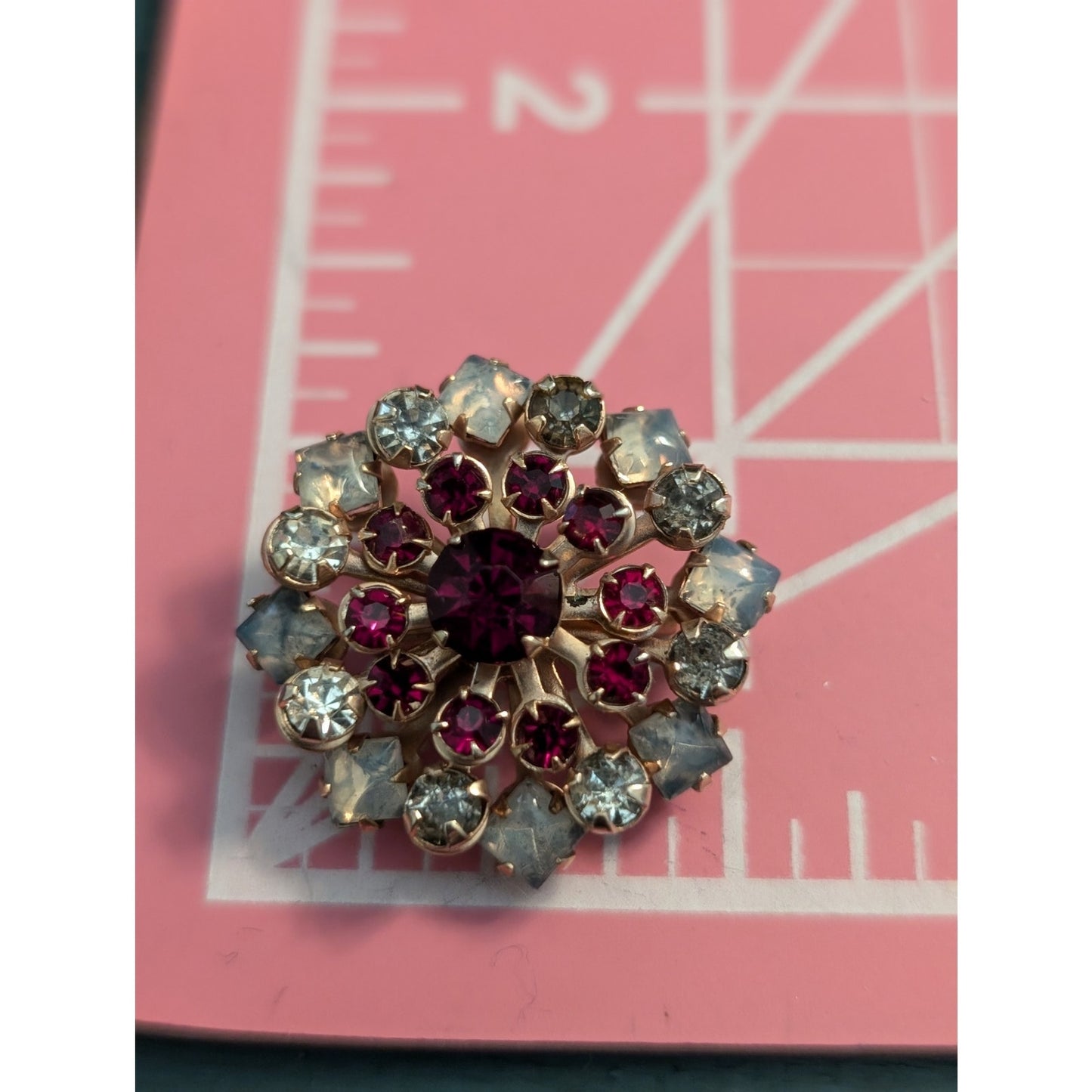 Set of Three Gold Tone Red Clear Rhinestone Unmarked Vintage Brooches