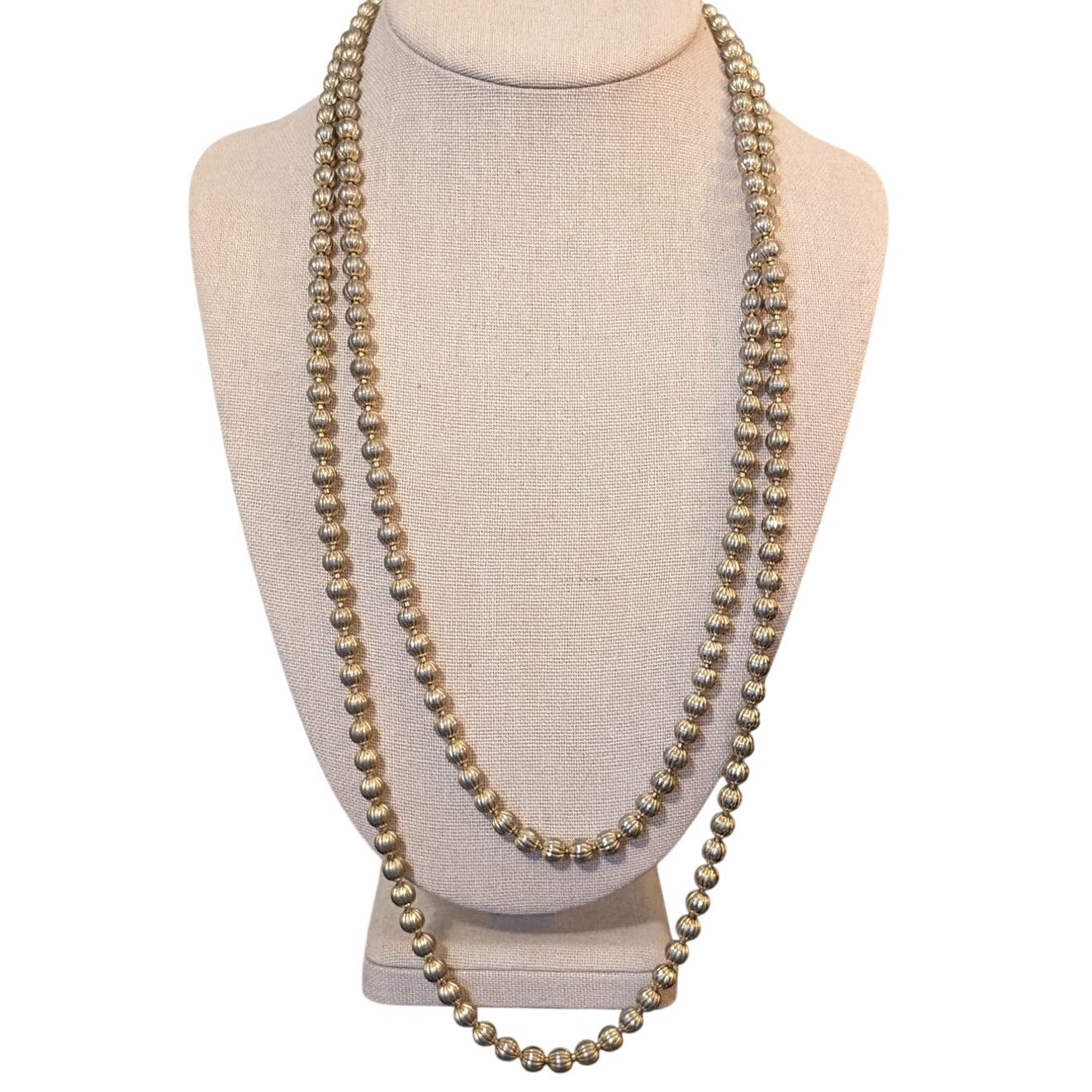 Vintage Monet Light Gold Tone Textured Round Bead Necklace 54"