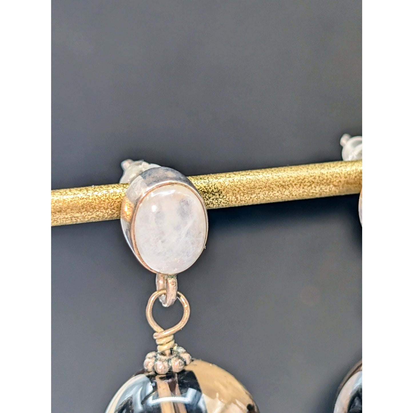 Vintage 925 Sterling Silver Moonstone Smoky Topaz Drop Dangle Earrings