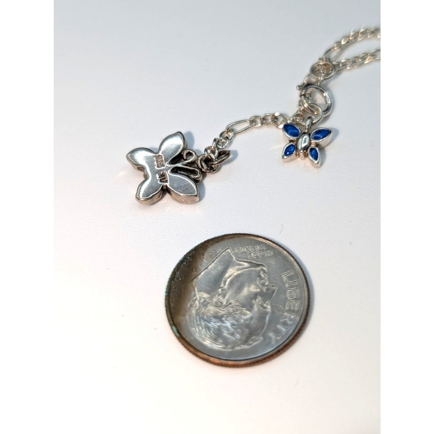 Vintage Figaro Chain Dangling Blue Enamel Butterfly 925 Sterling Silver Anklet