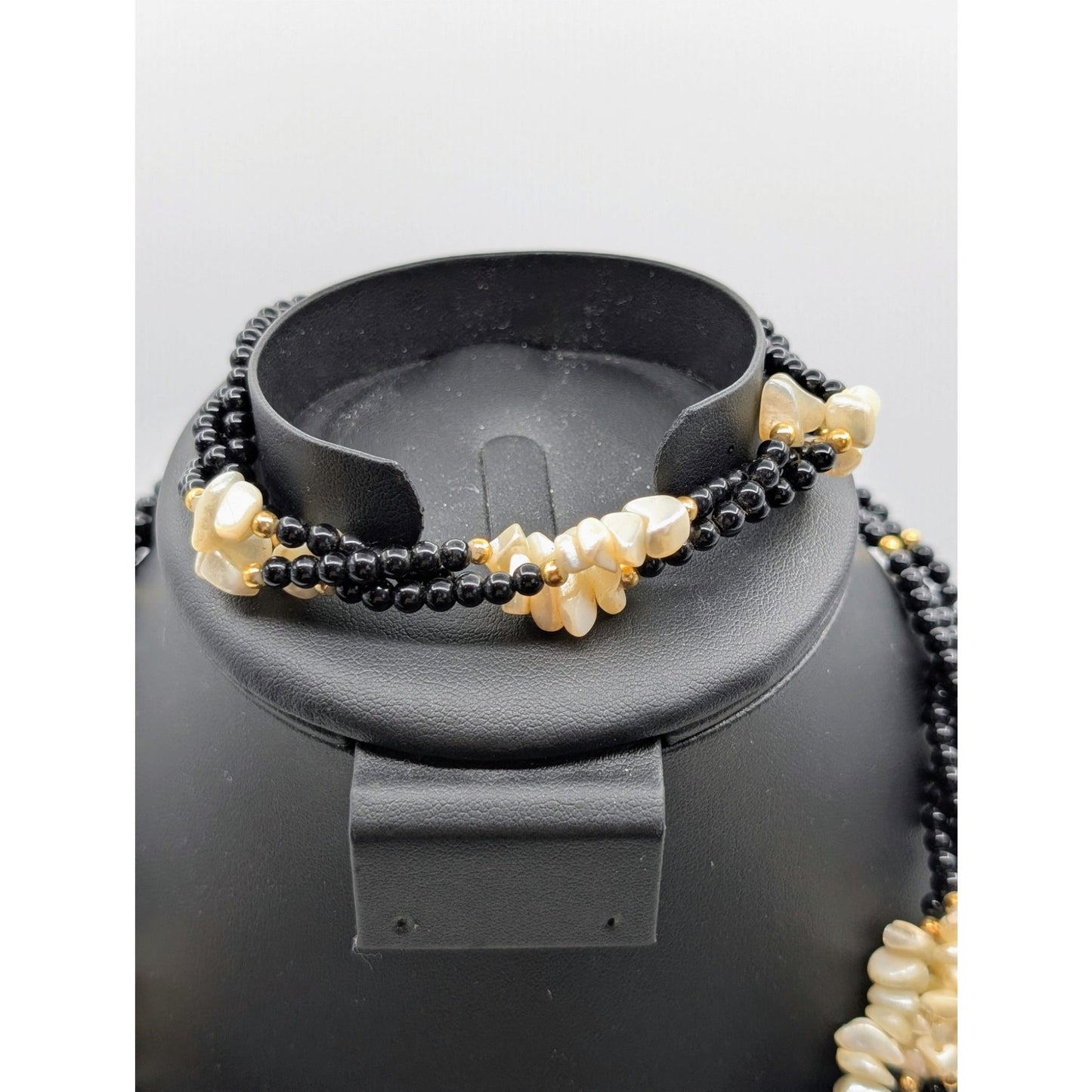 3 Piece Lot--Two Vintage Black Bead Gold Tone Necklaces & One Matching Bracelet