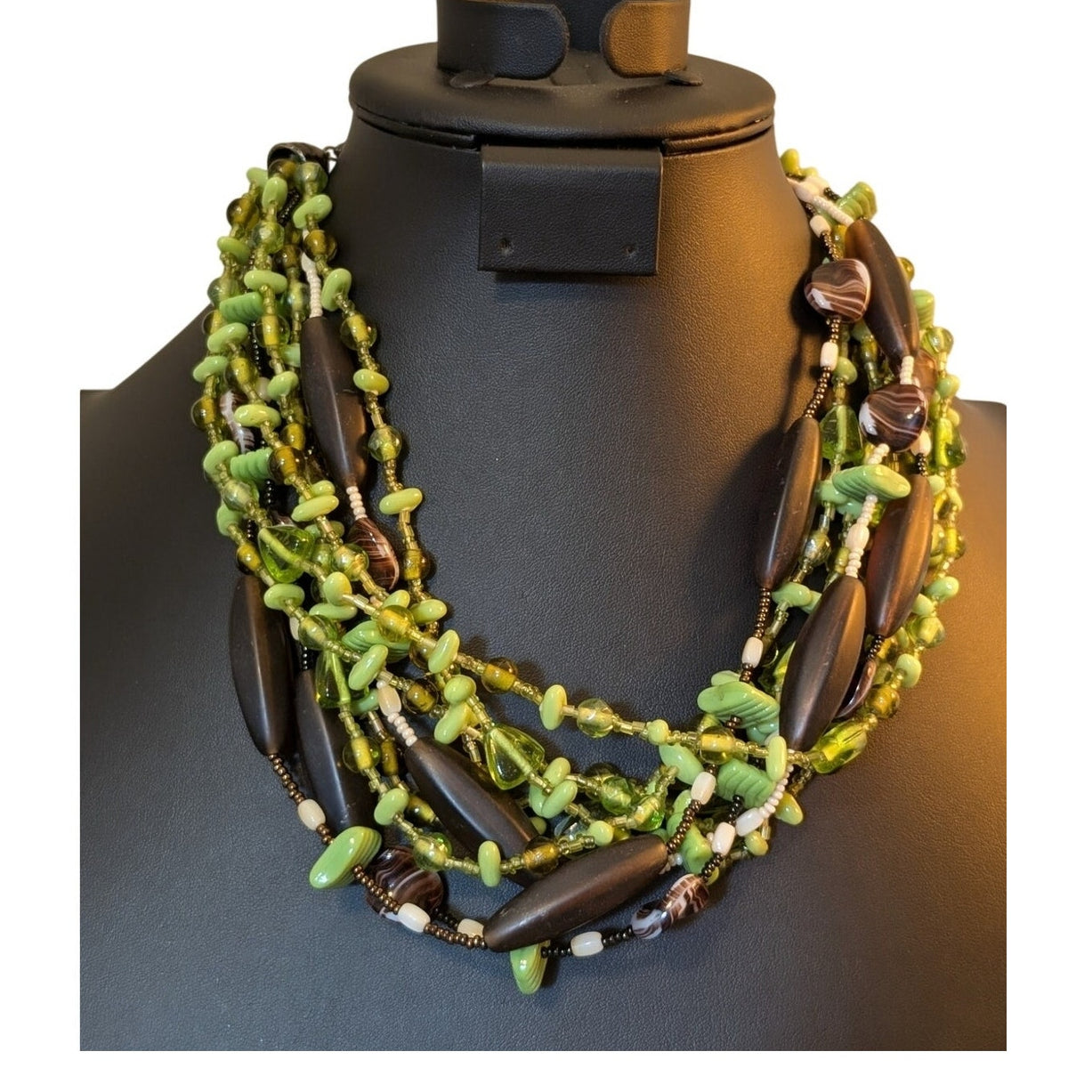 Spring Green Cream & Brown Glass Bead Multi-Strand Choker Necklace