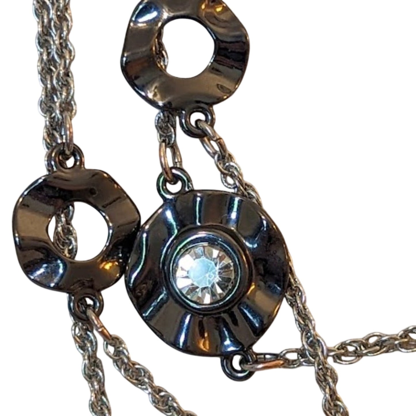 Chico's 50" Silver Tone Chain Necklace With Gun Metal Rhinestone Stations
