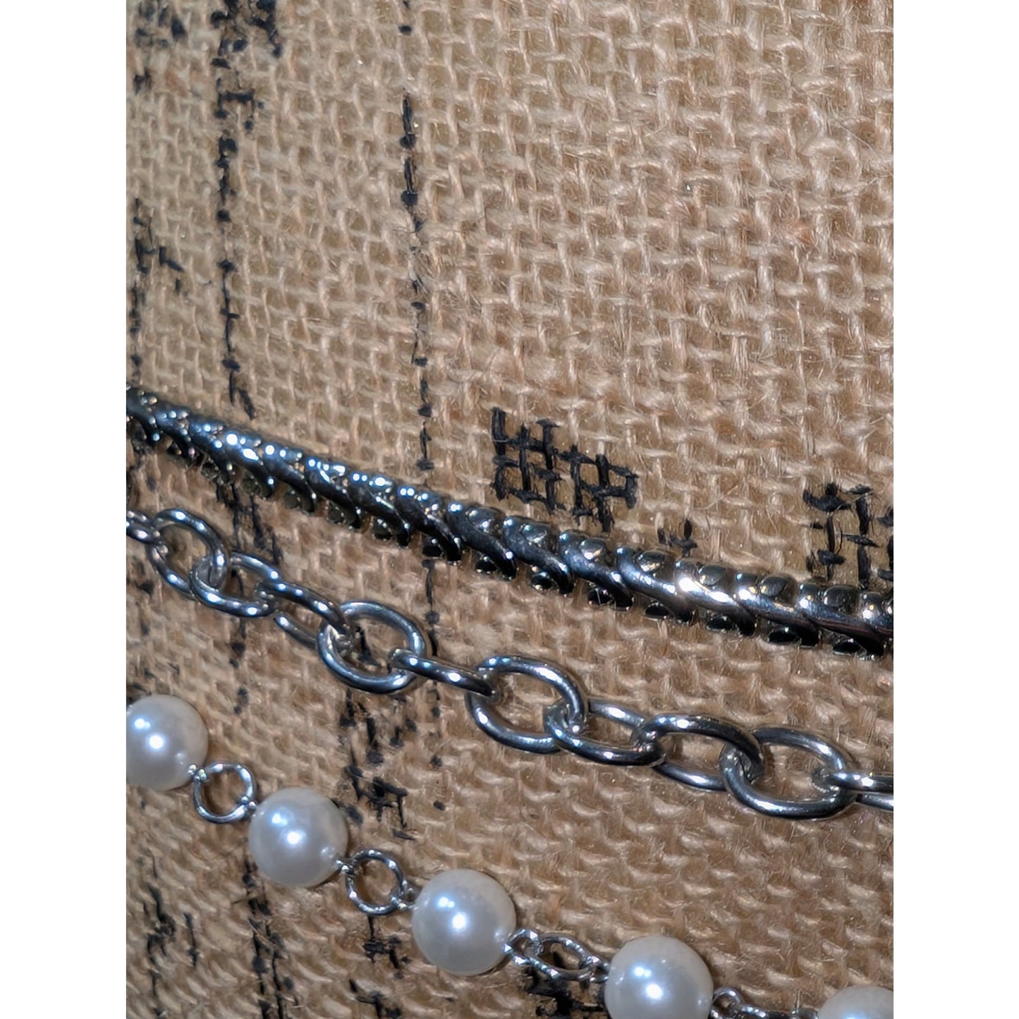 Vintage Silver Tone Three Strand Faux Pearl & Chain Link Belt 34"-45"