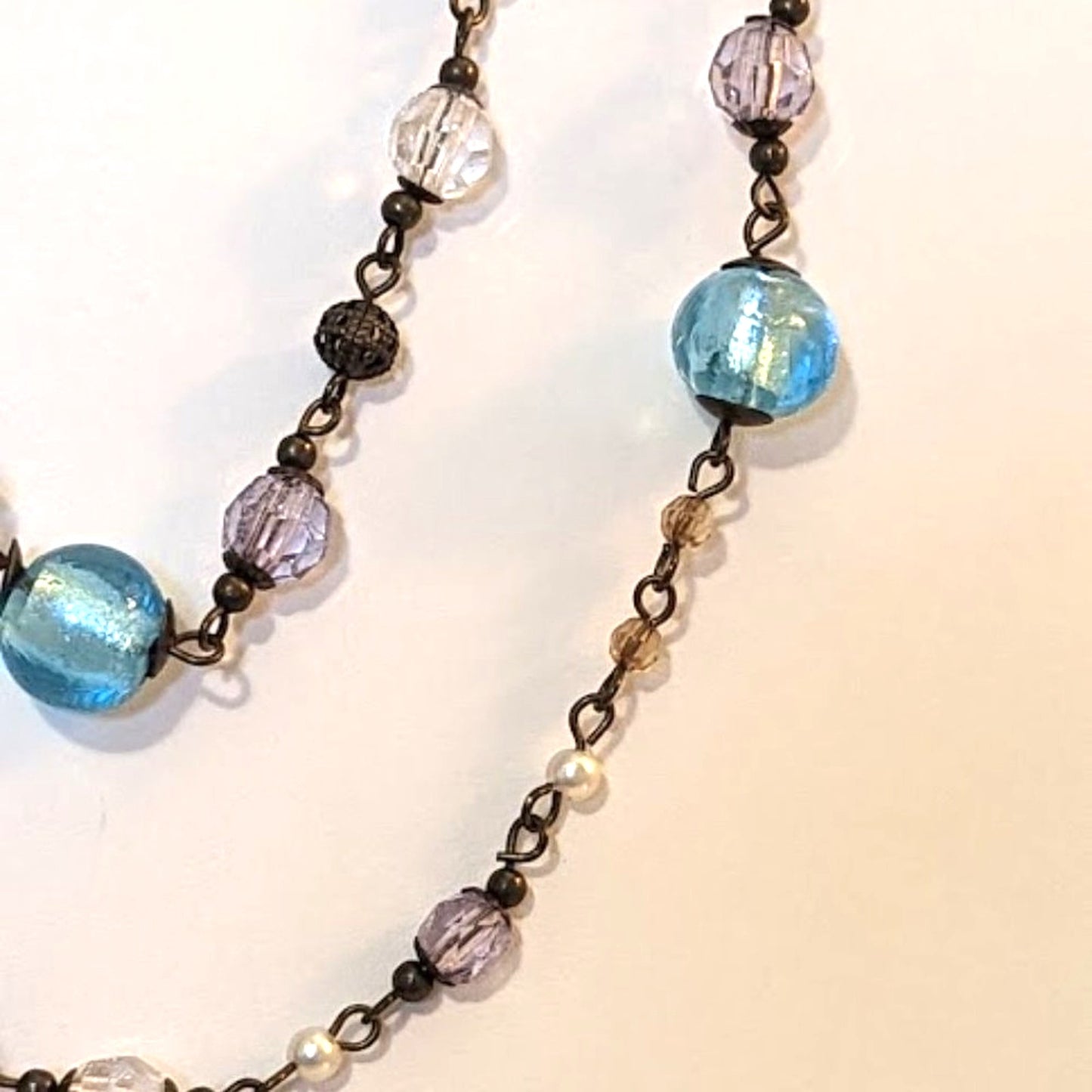 Boho Antiqued Bronze Glass Filigree Metal & Faux Pearl Bead Chain 42" Necklace