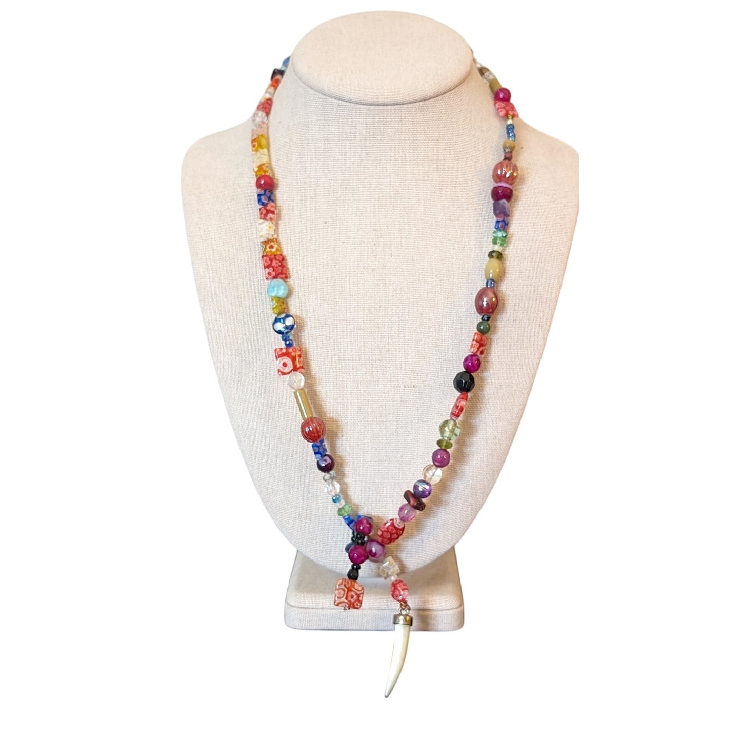 Millefiori Venetian & Murano Glass Bead Wrap Necklace W/ MOP Horn Pendant
