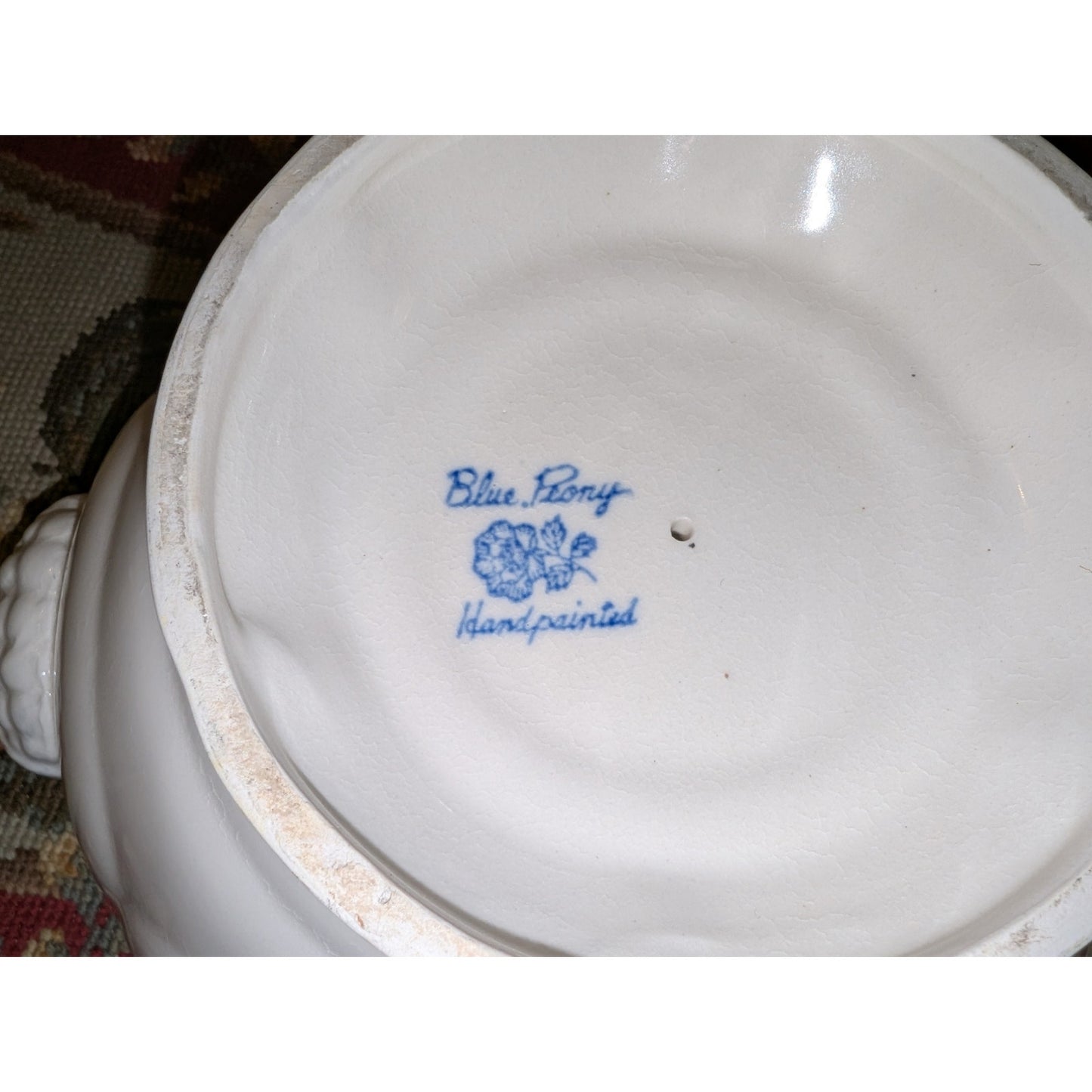Vintage Blue Peony Japan Hand-painted Porcelain Soup Tureen Serving Bowl Mint