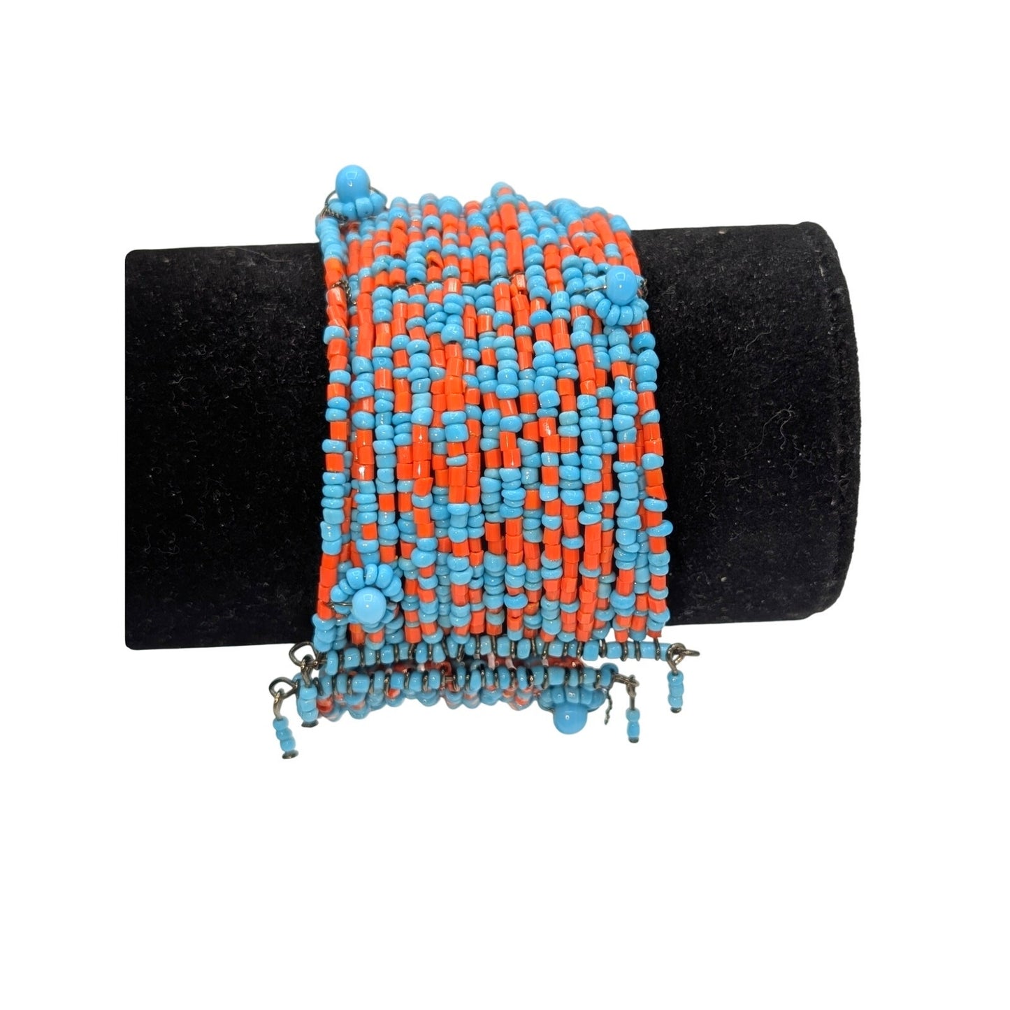 Blue & Red Seed Bead Adjustable Wire Cuff Bracelet One Size Fits Most