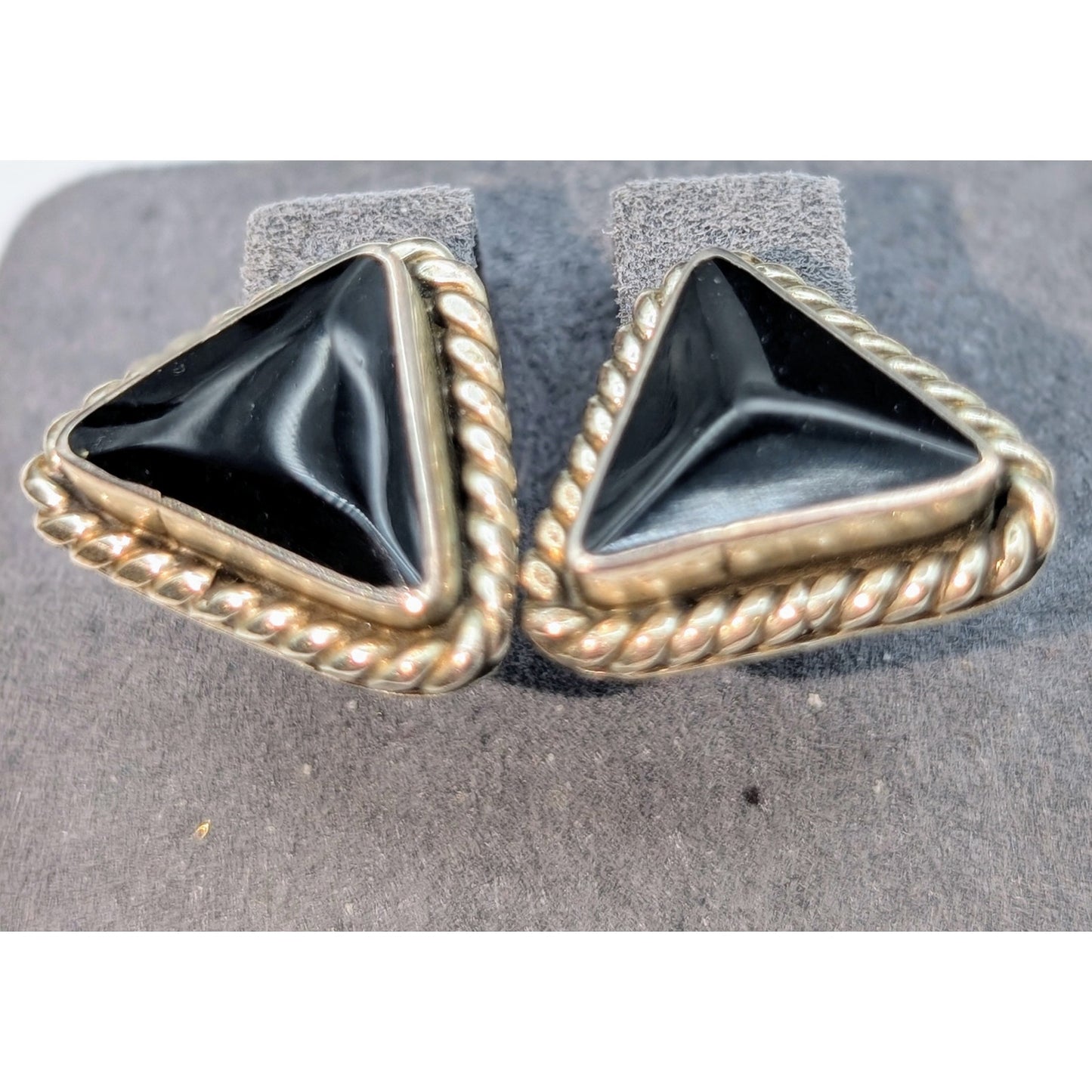 Vintage Taxco Mexico Sterling Silver Rope Design Black Stone Triangle Earrings