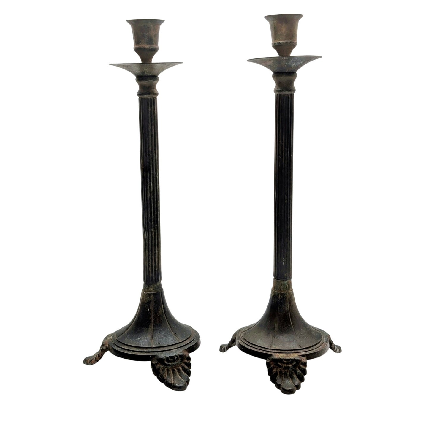 Aged Distressed Patina Pair of Metal Candlestick Holders (Candles Not Included)