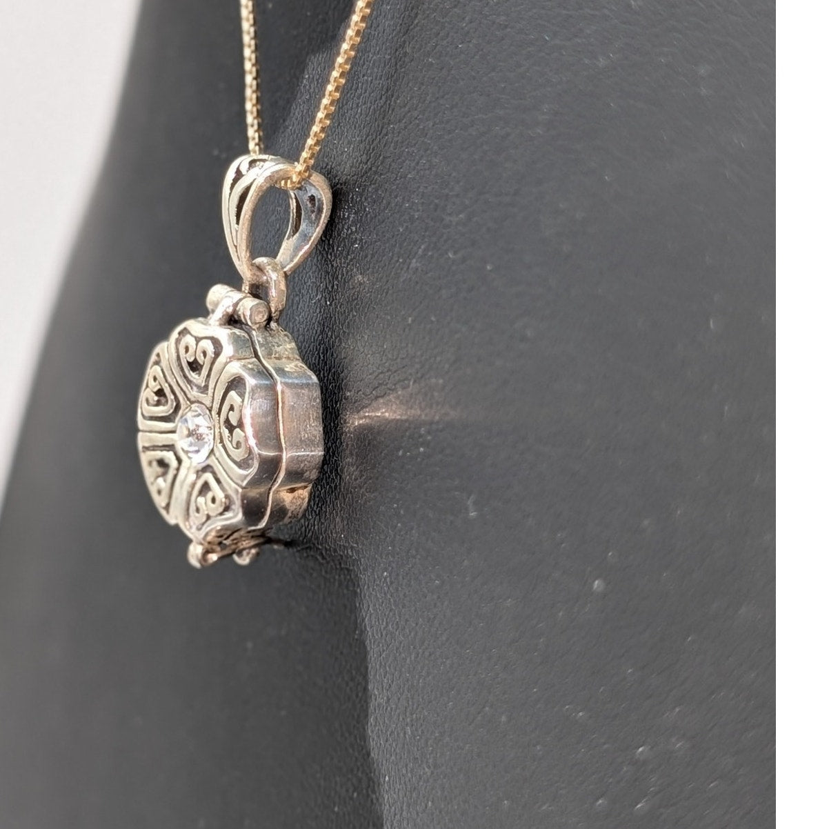 925 Sterling Silver CZ Vintage Locket Charm Pendant Box 17.75" Chain Necklace