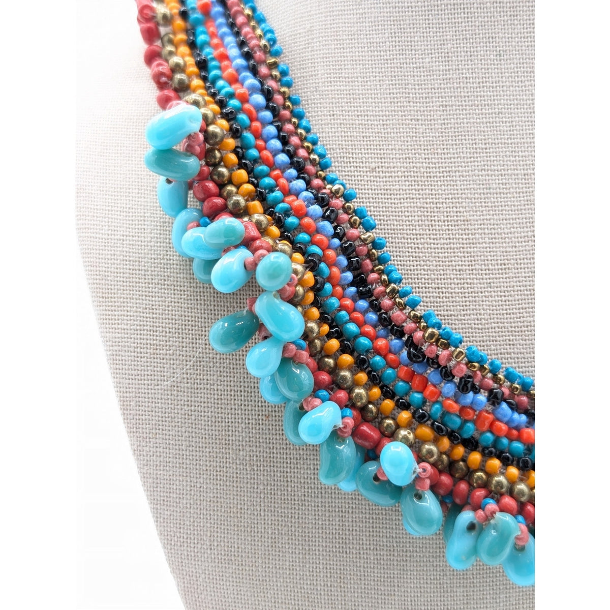 Multi-Color Woven Beaded Necklace W/ Turquoise Teardrop Dangle Bib Necklace