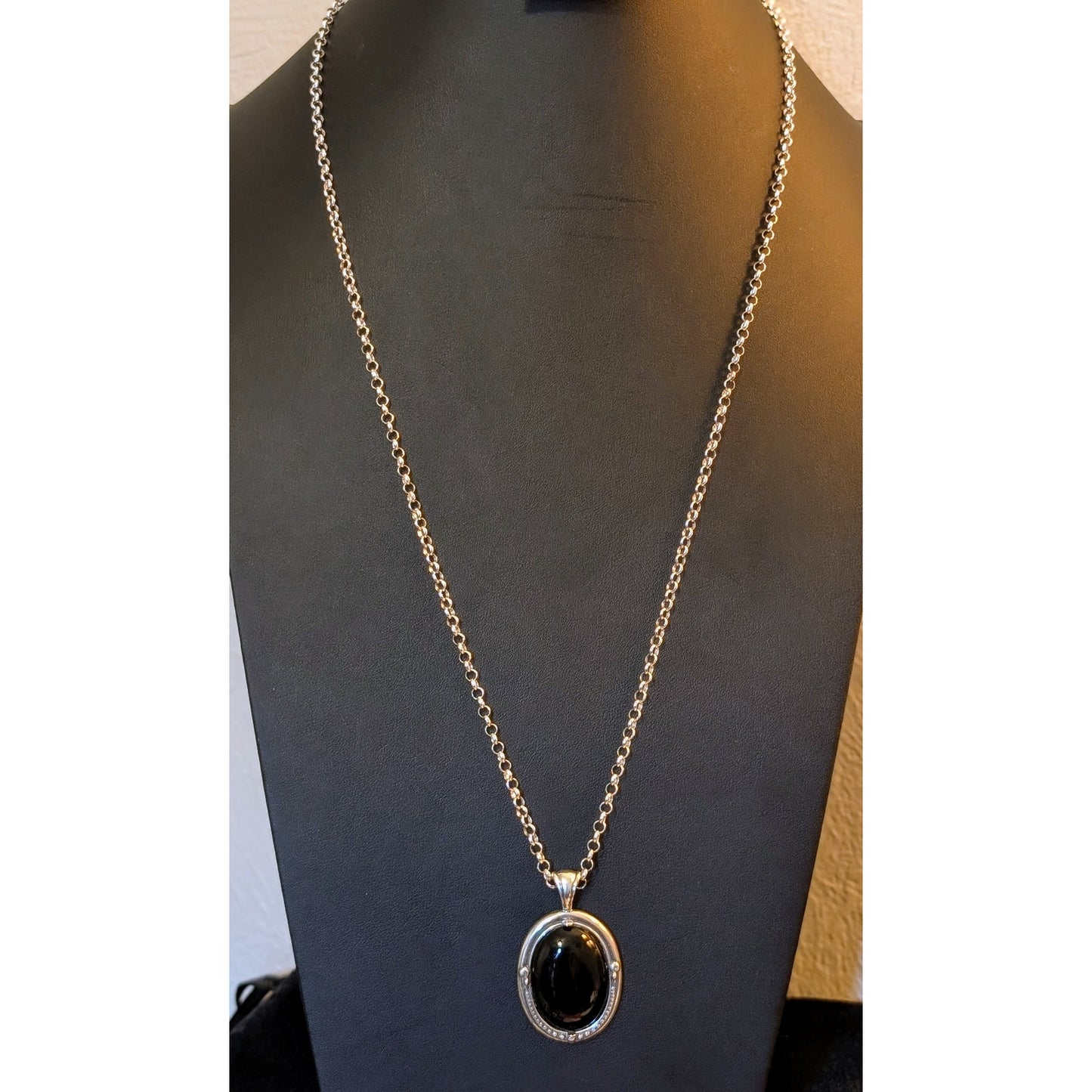 Large Black Stone 925 Sterling Silver Pendant 30" 925 Rolo Chain Necklace