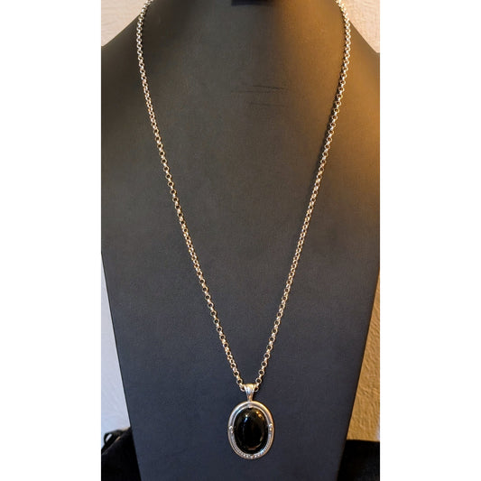 Large Black Stone 925 Sterling Silver Pendant 30" 925 Rolo Chain Necklace