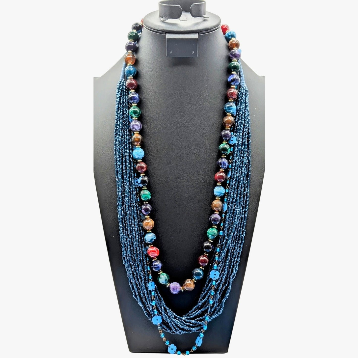 Three Piece Blue Vintage Tribal Boho Look Necklace Layered Lot