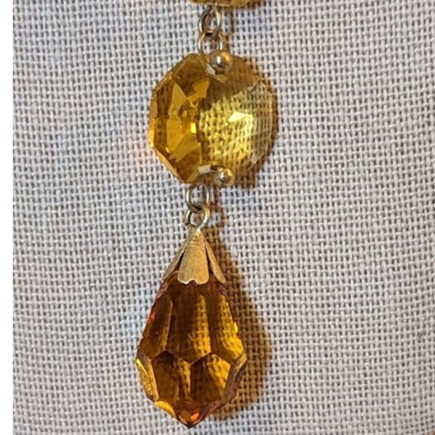 Lauffer Gold Tone Amber Color Crystal Bead Necklace with Faceted Teardrop Dangle
