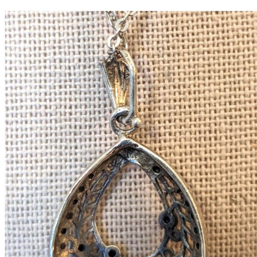 Vtg 925 Sterling Silver Filigree Teardrop Marcasite Pendant 18" Chain Necklace