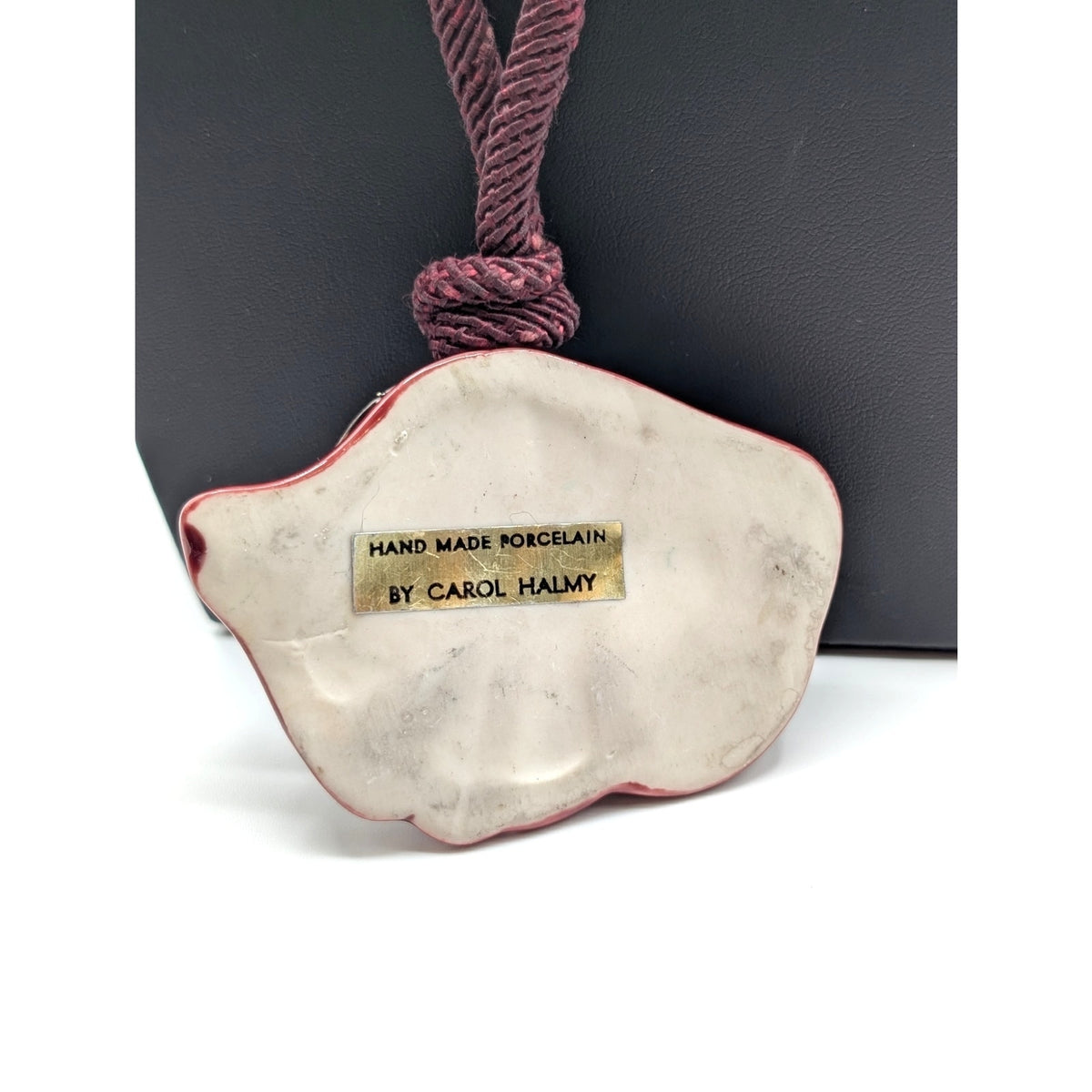 Carol Halmy Hand Made Porcelain  Burgundy Pendant Cord Necklace