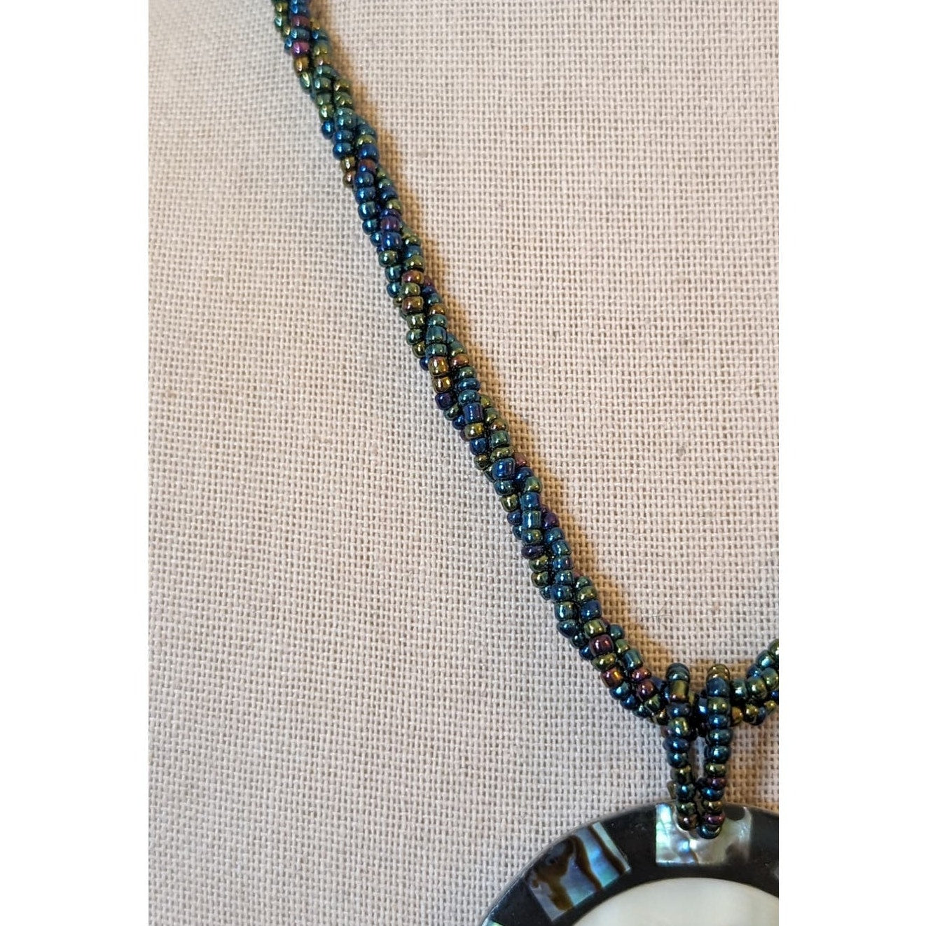 Abalone Shell Seed Bead Twisted Strand Button Clasp Necklace