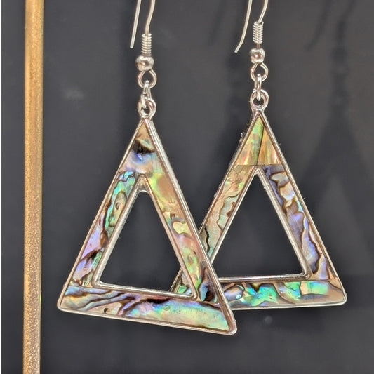 Silver Tone Abalone Shell Triangle Dangle Earrings