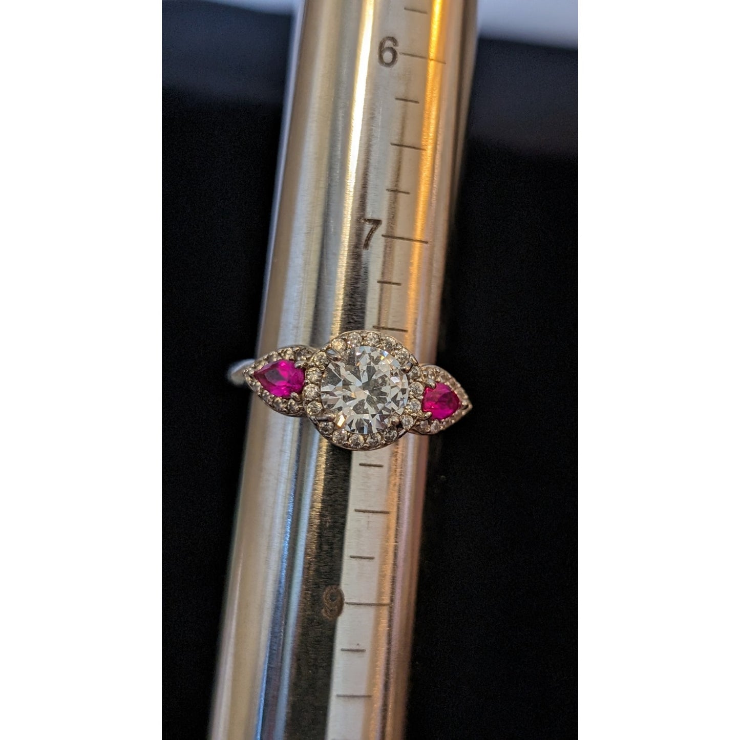 925 Large Round CZ & Lab-Created Ruby Trillion Accent Stone Engagement Ring Sz 8