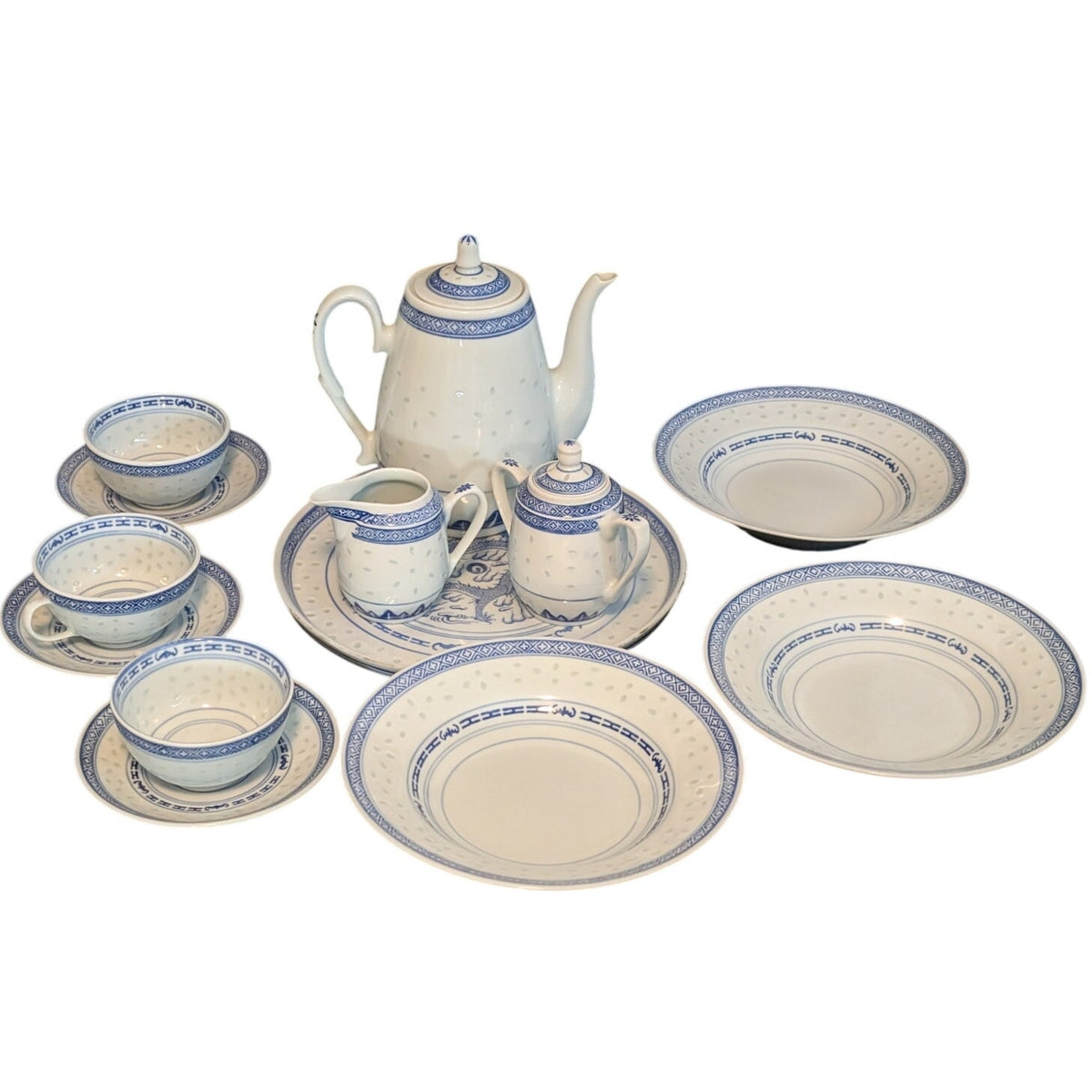 Vintage 1970s  Rice Grain Fifteen Piece Porcelain Blue White Dragon Tea Set